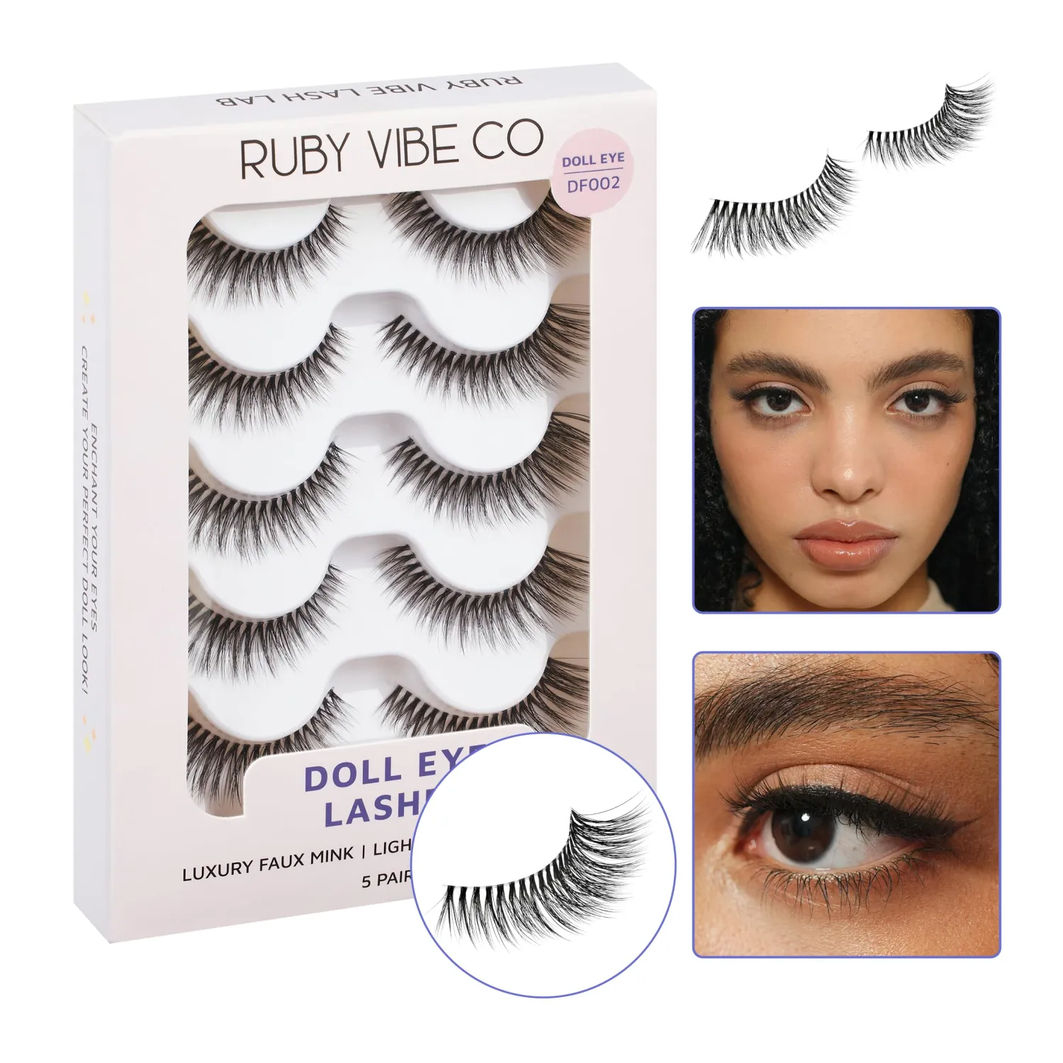 RUBY VIBE CO Lashes Strips, Fairy Doll Eye DF002, Full Length, 5 Pairs
