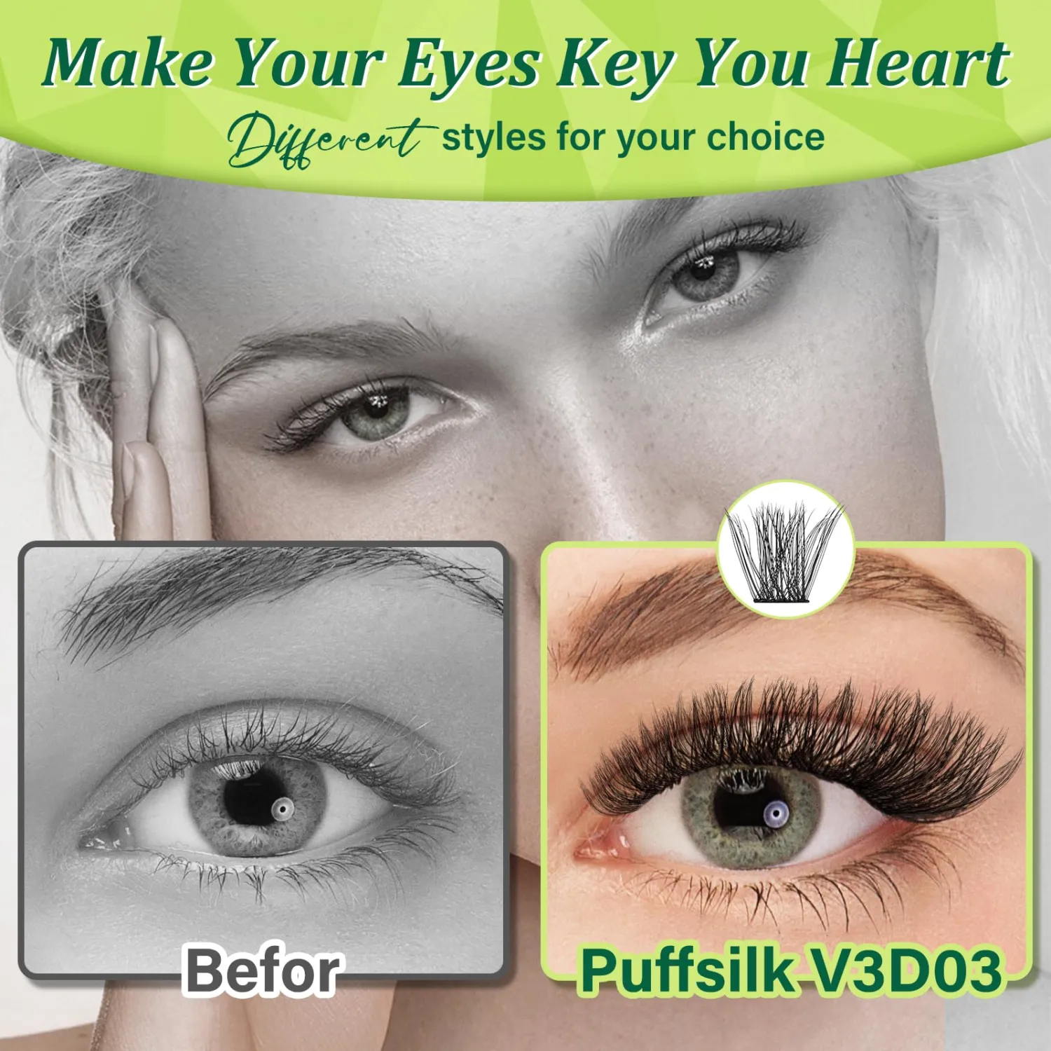 KEYYOU Lash Clusters Kit Wispy Lash Extension 3D Volume Look PuffSilkV3D03