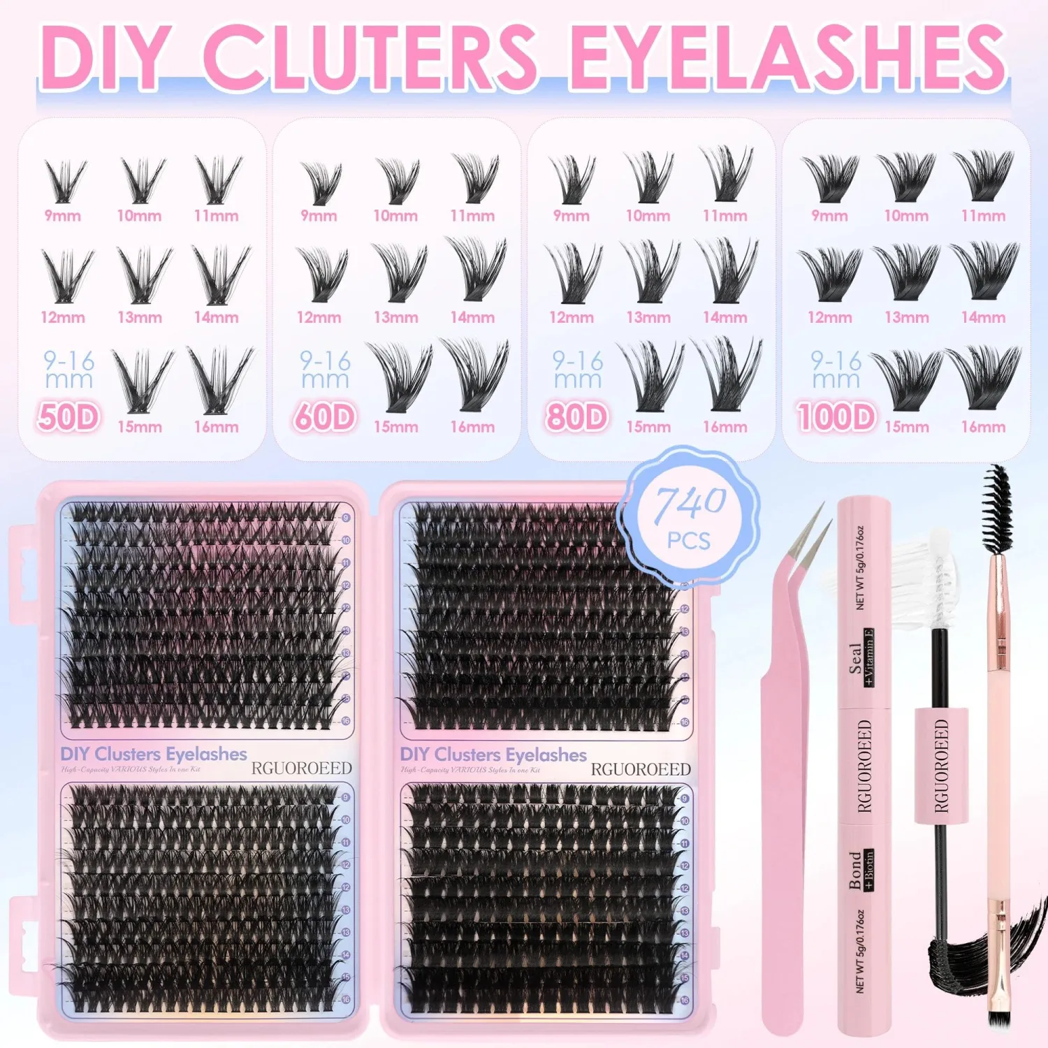 740Pcs 50D 60D 80D 100D Natural Dense Lash Clusters Thick Fluffy Eyelashes