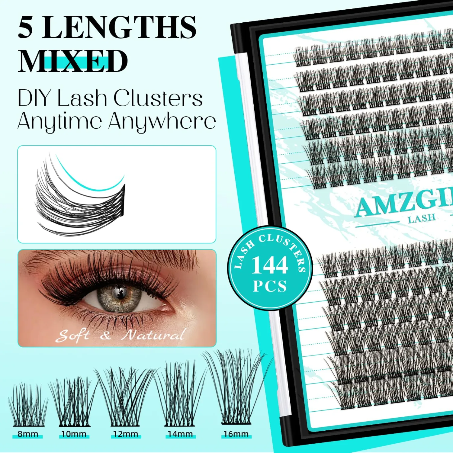 AMZGIRL Natural Lash Clusters, 144PCS Eye Lash Extension for DIY at Home