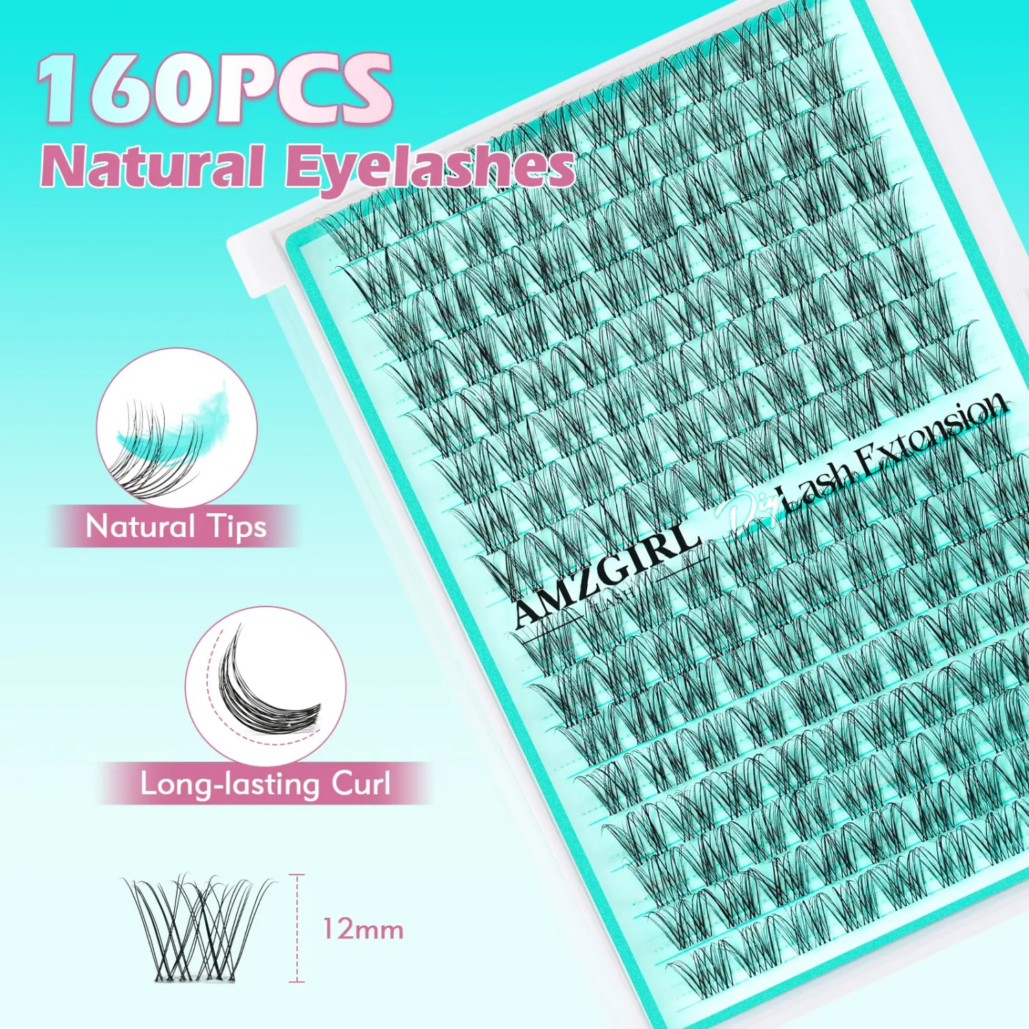 AMZGIRL Natural Lash Clusters, 12MM D Curl Eye Lash Extension for Home DIY