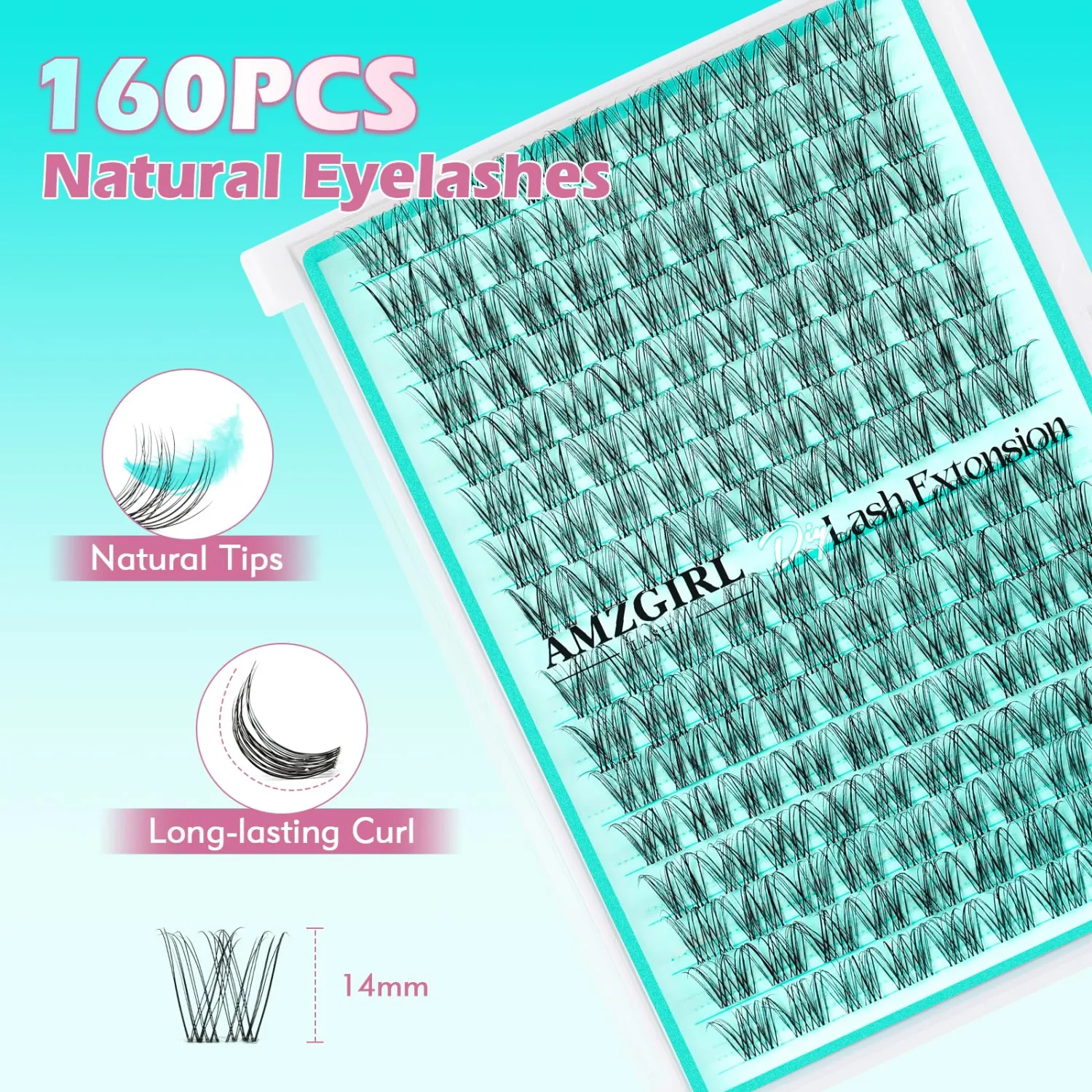 AMZGIRL Natural Lash Clusters, 14MM C Curl Eye Lash Extension for Home DIY
