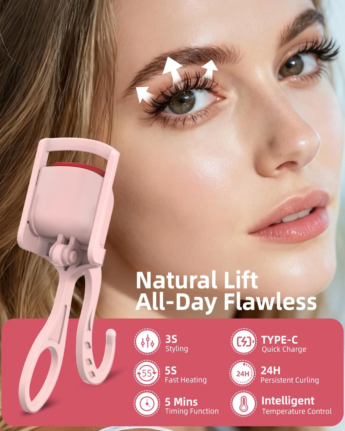 Heated Eyelash Curler,24H Long-Lasting Curls &Safe Anti-Burn (Pink)