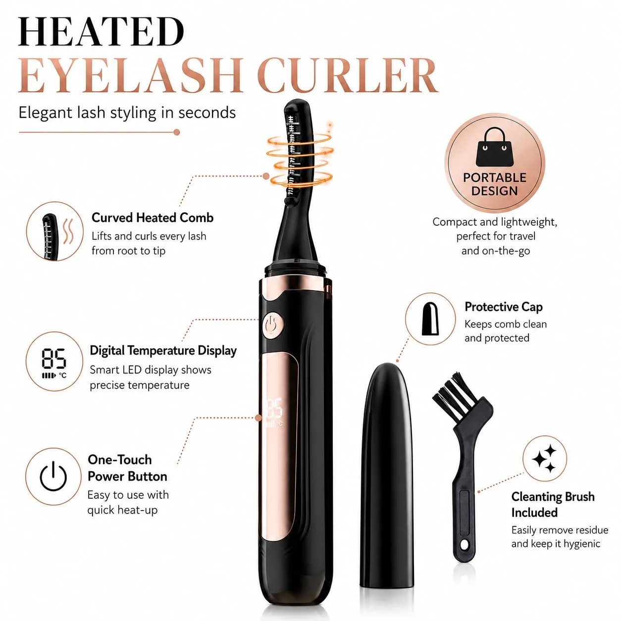 2026 Heated Eyelash Curler with LED Display, 3 Temperature Settings-Black