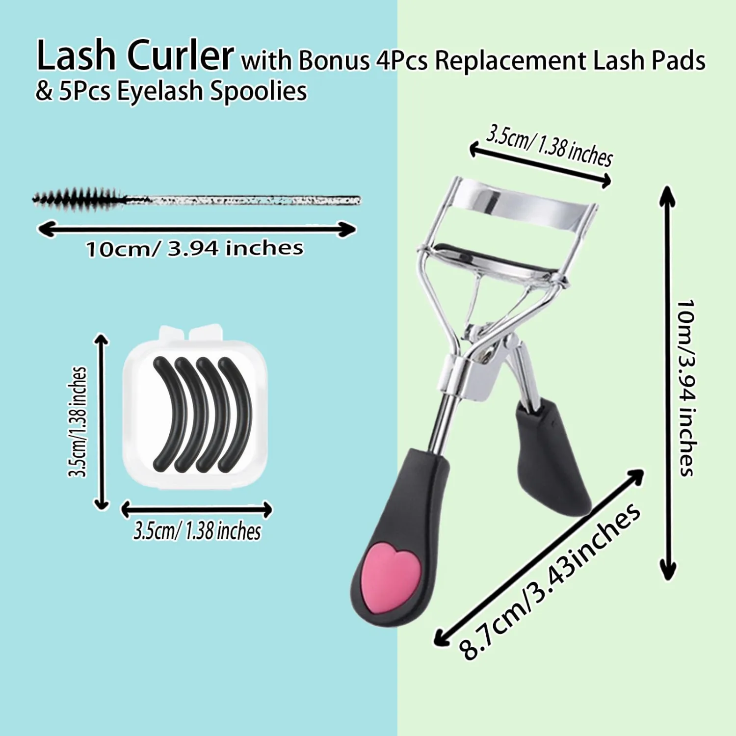 Eyelash Curlers, Lash Curler with Bonus 4Pcs Replacement Lash Pads& 5Pcs Eyelash Spoolies, Eyelash Curler Kit Portable Travel Eyelash Curler for Eyelash Extension (Heart Black)