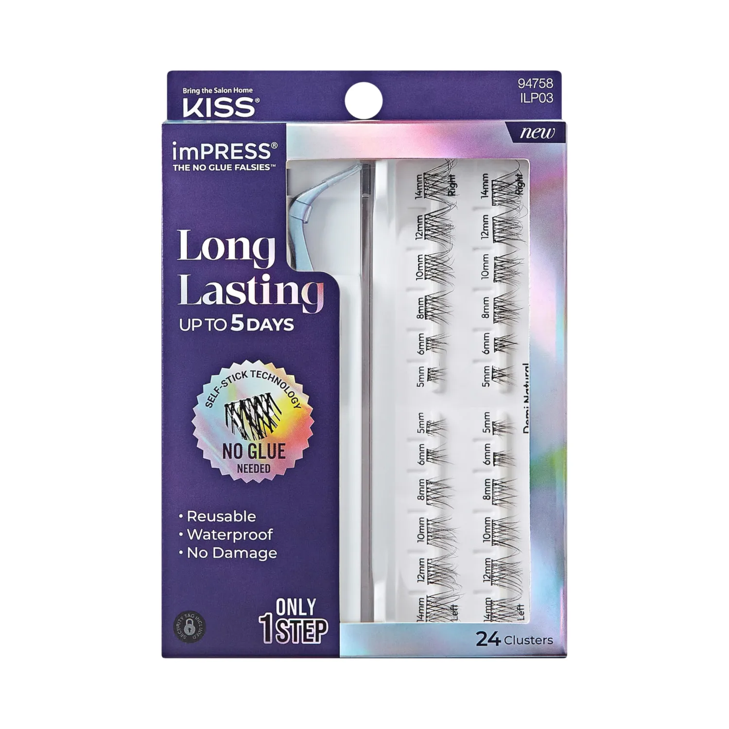 KISS imPRESS Falsies Long Lasting Self Adhesive Eyelashes, ‘Demi Natural’, 5 Day Extended Wear, 24 Natural Volume Lash Clusters (5,6,8,10,12, & 14mm), Precision Non-Stick Applicator