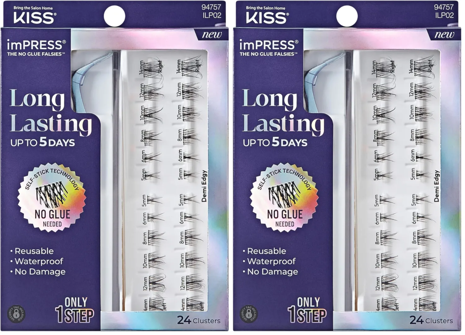 KISS imPRESS Falsies Long Lasting Self Adhesive Eyelashes, ‘Demi Edgy’, 5 Day Extended Wear, 24 Natural Volume Lash Clusters (5,6,8,10,12, & 14mm), Precision Non-Stick Applicator (Pack of 2)