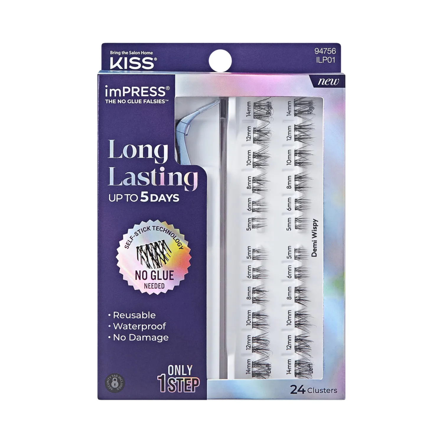 Kiss Impress Falsies Long Lasting Self Adhesive Eyelashes, ‘Demi Wispy’, 5 Day Extended Wear, 24 Light Volume Lash Clusters (5,6,8,10,12, & 14mm), Precision Non-Stick Applicator