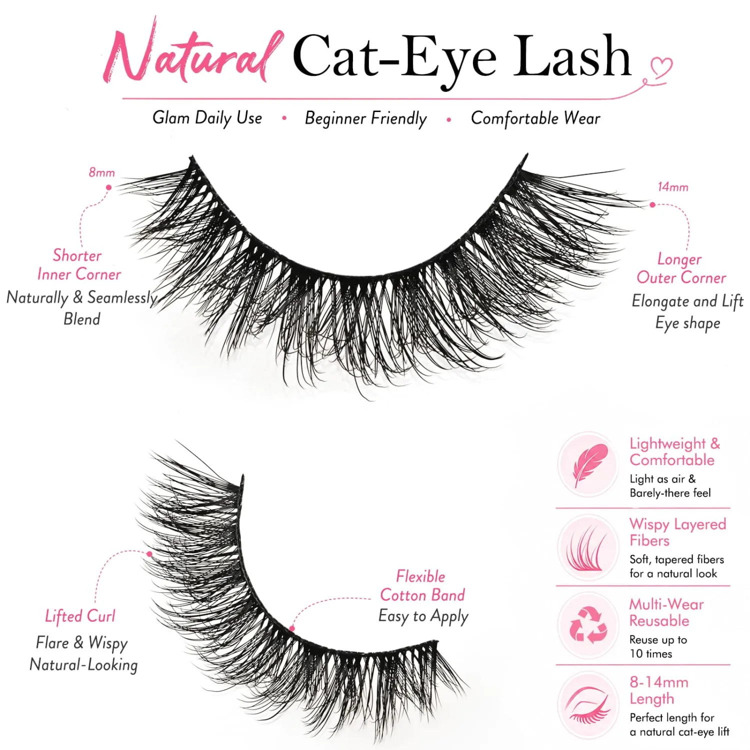 Lashes False Eyelashes Cat Eye Lash Strips Wispy Fake Strip Eyelash Fluffy Natural Cateye Eye Lash Pack Demi Wispies Short Full Pestañas Postizas Natural Looking Easy Eyelash for Daily Makeup