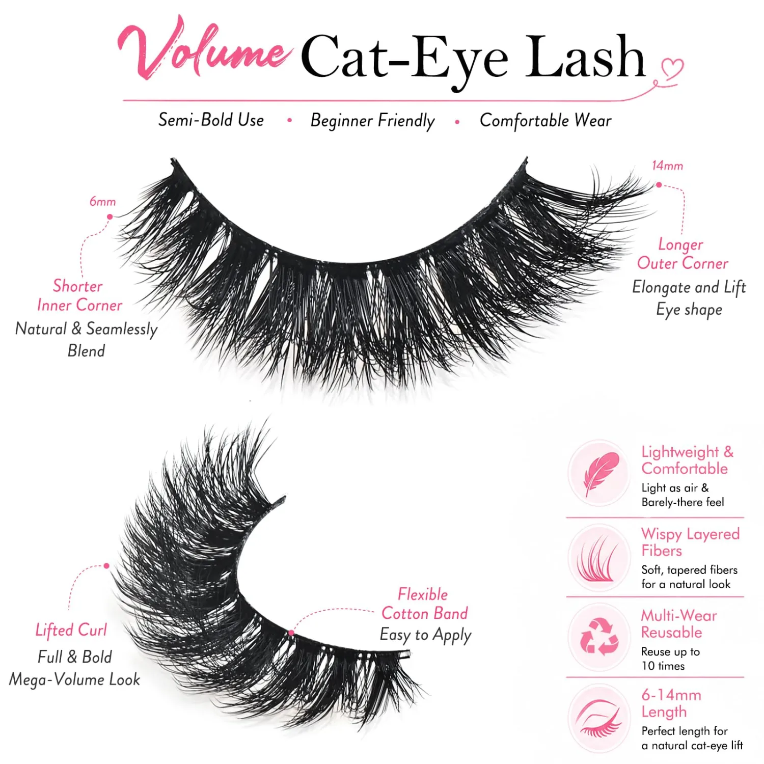 Lashes Wispy Eyelashes Strip Volume False Lash Strips Fluffy Cat Eye Fake Eyelash Pack Medium Length Thick Full Cateye Lashes Short Small Demi Wispies Pestañas Postizas for Women Daily Makeup