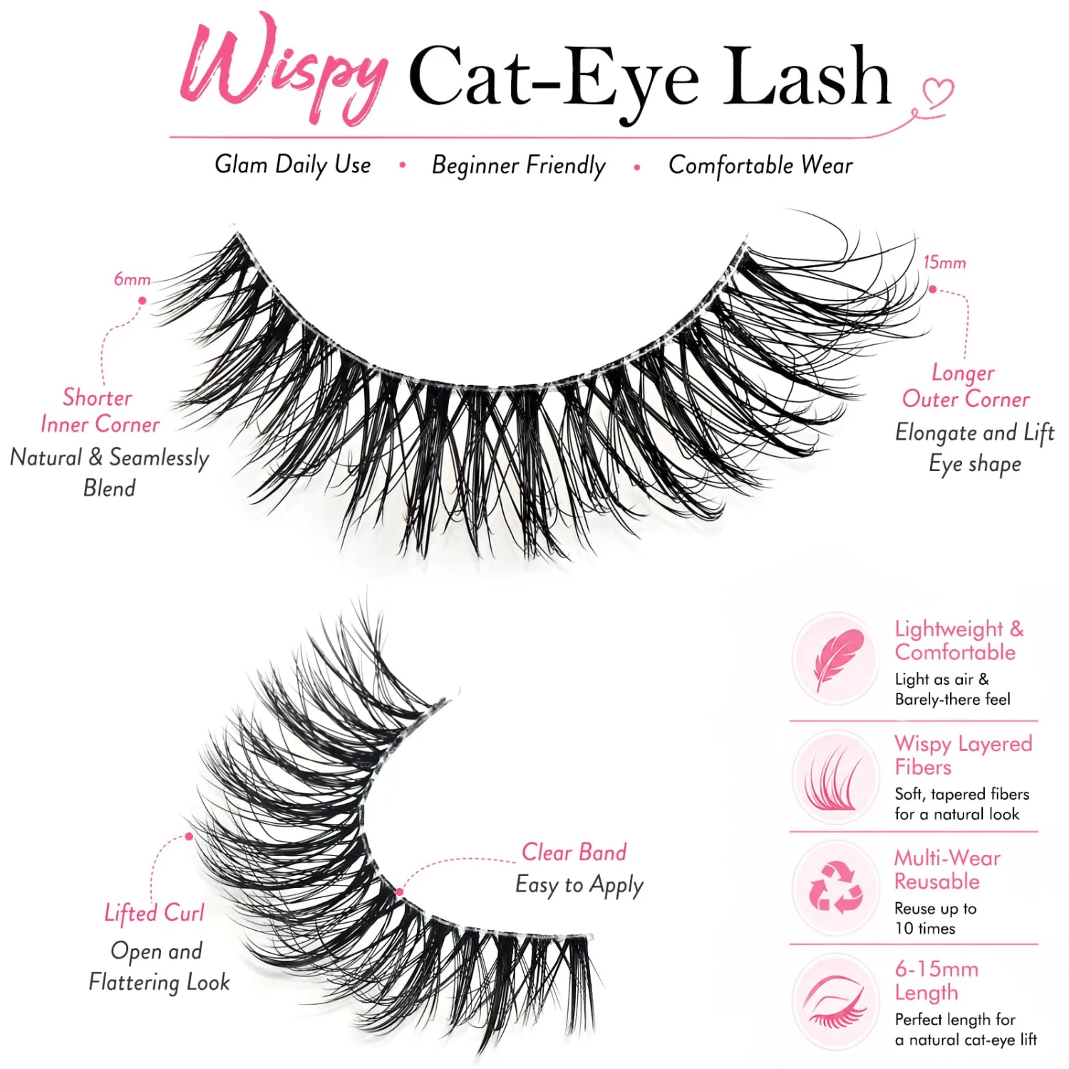 Lashes Wispy False Eyelashes Strips Cat Eye Fake Lash Natural Look Mink Strip Eyelash Pack Fluffy Cateye Eye Lash Set Demi Wispies Full Pestañas Postizas Clear Band Easy Lashes for Beginners