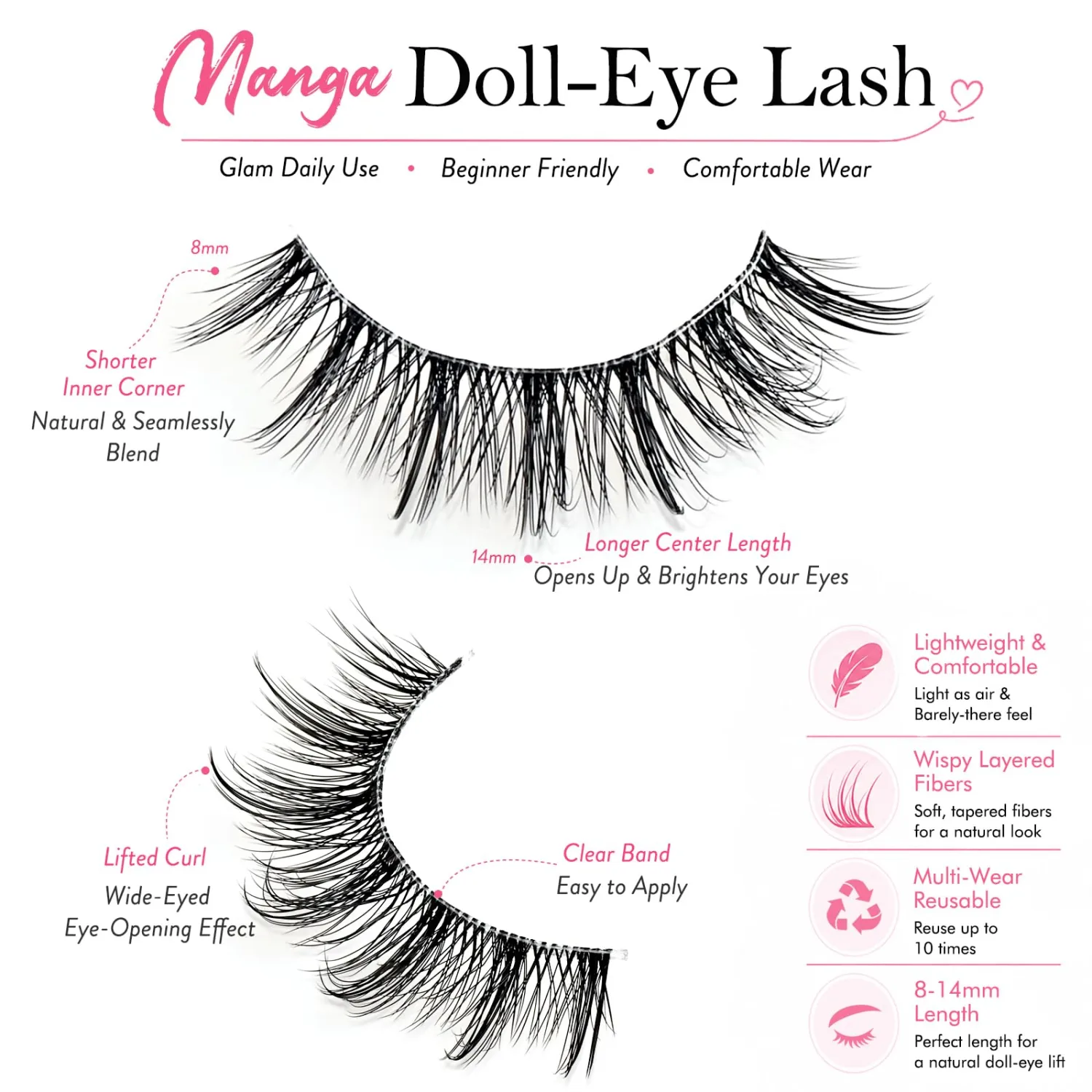 Lashes Wispy False Eyelashes Strips Doll Eye Fake Lash Natural Look Mink Strip Eyelash Pack Doll Eye Lash Set Demi Wispies Pestañas Postizas Clear Band Easy Eyelashes for Beginners