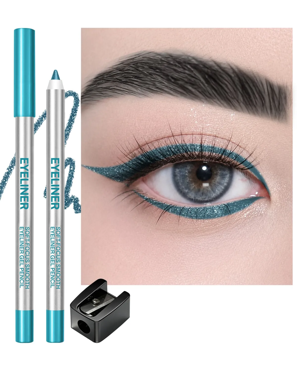 Glitter Teal Gel Eyeliner Pencil, Waterproof Waterline Creamy Eye Liner Pen