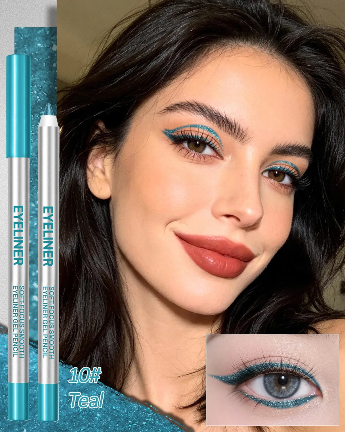 Glitter Teal Gel Eyeliner Pencil, Waterproof Waterline Creamy Eye Liner Pen