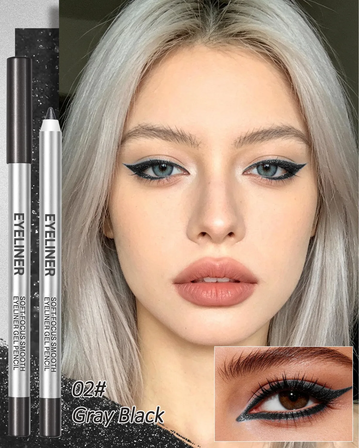 Glitter Gray Black Gel Eyeliner, Waterproof Waterline Creamy Eye Liner Pen