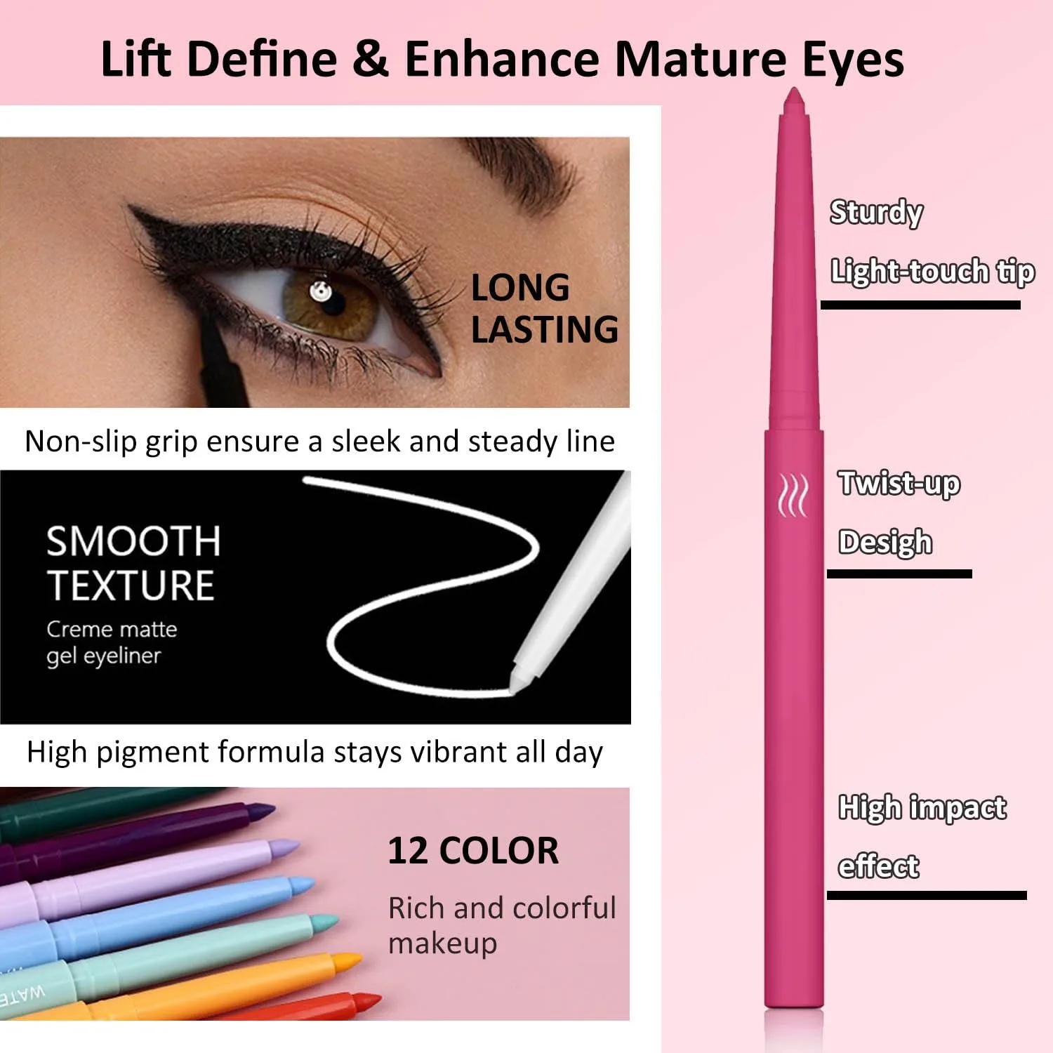 Deep Purple Matte Gel Eyeliner Pencil, Retractable Cream Liner for Graphic Eye Makeup (09#)
