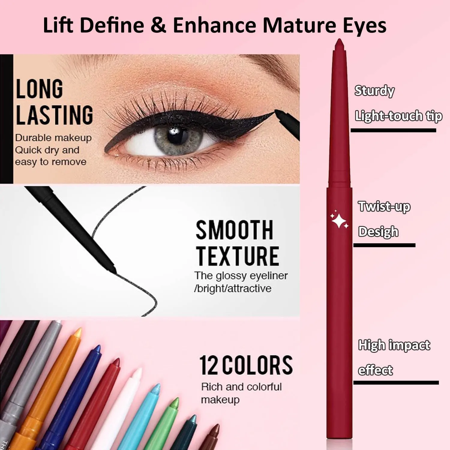 Brown Copper Shimmer Gel Eyeliner Pencil, Retractable Cream Liner for Graphic Eye Makeup (10# broze shimmer)