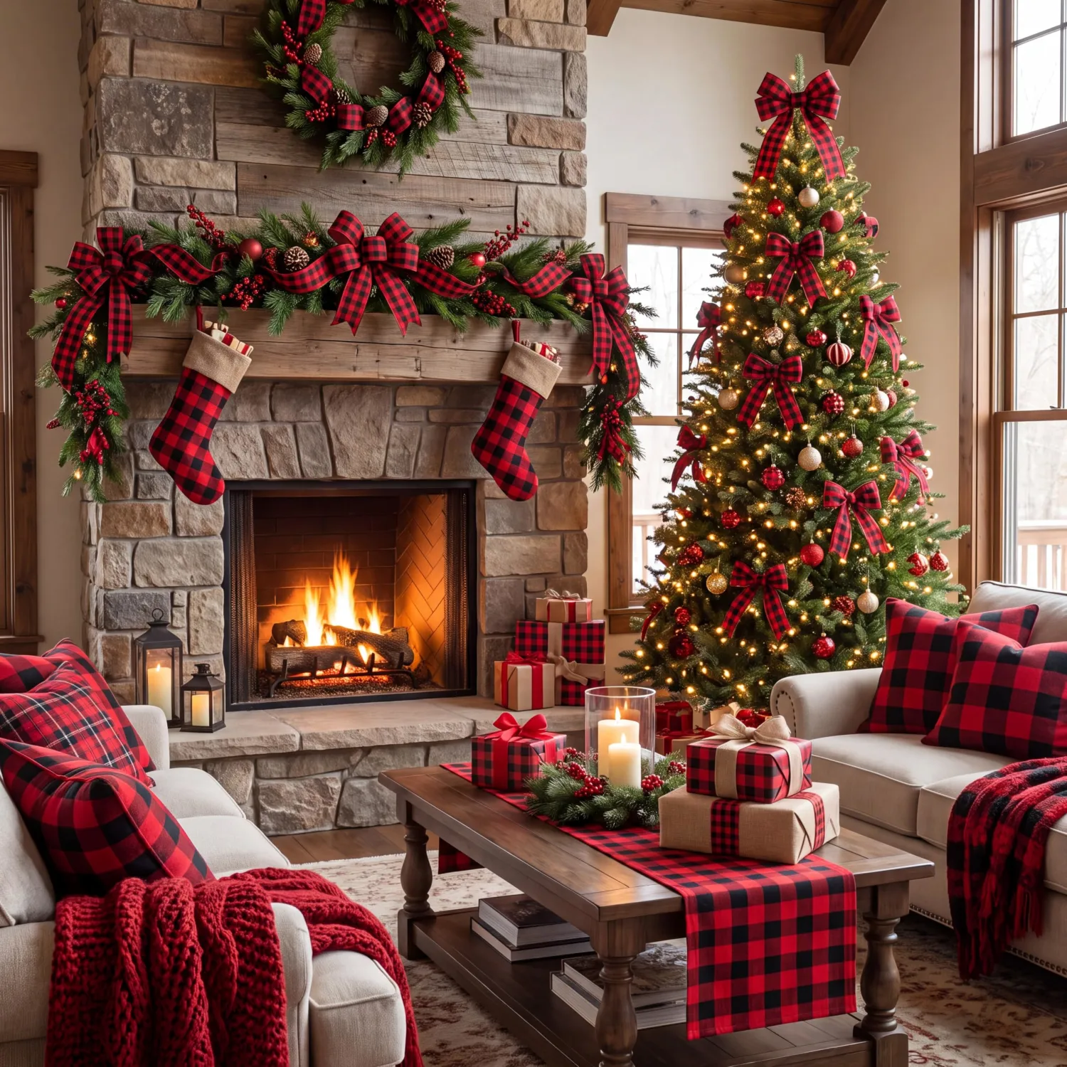 Tatuo Buffalo Plaid Fabric 56x36 in Cotton Christmas Decorations,Red-Black