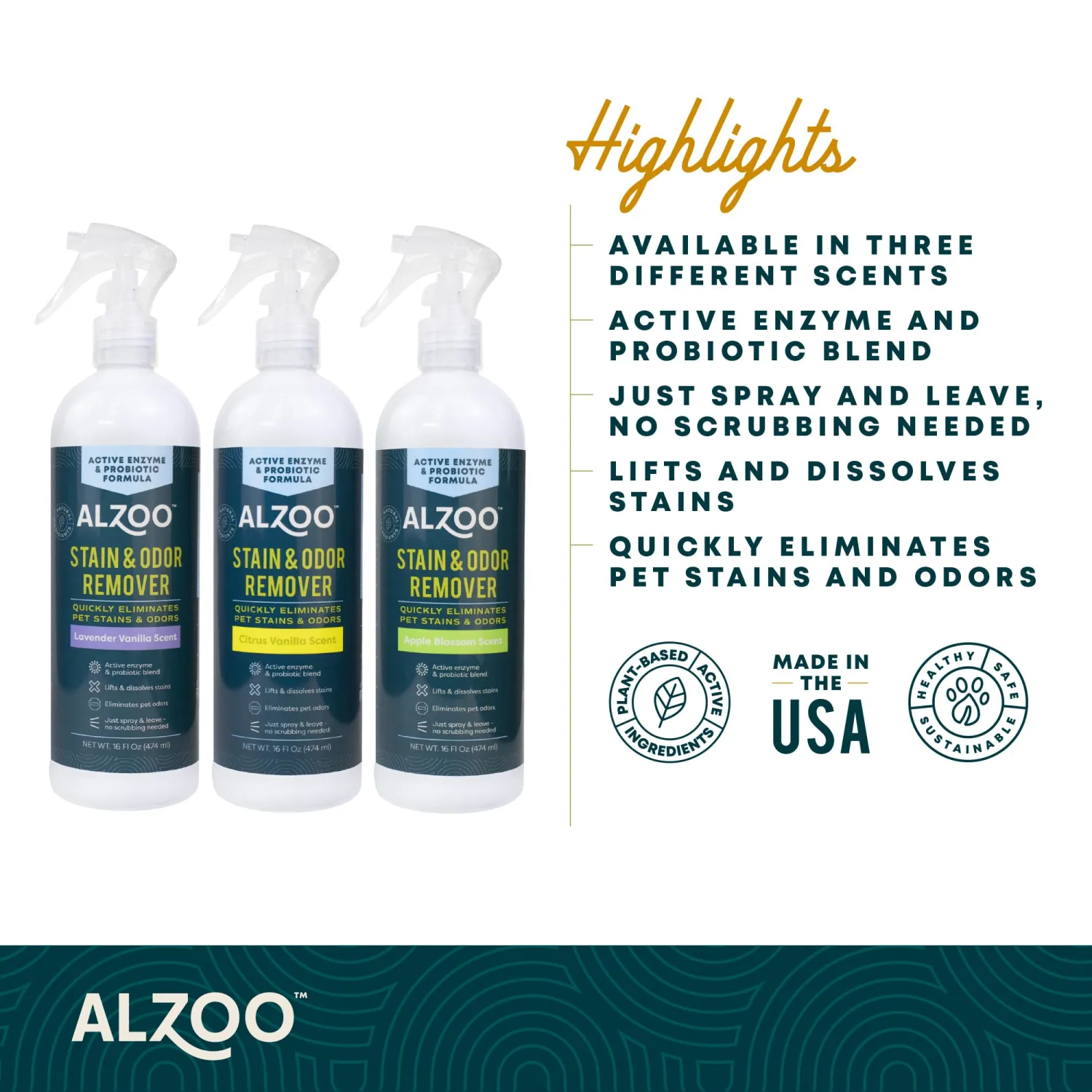 ALZOO Pet Stain & Odor Remover, Lavender Vanilla, 16 oz