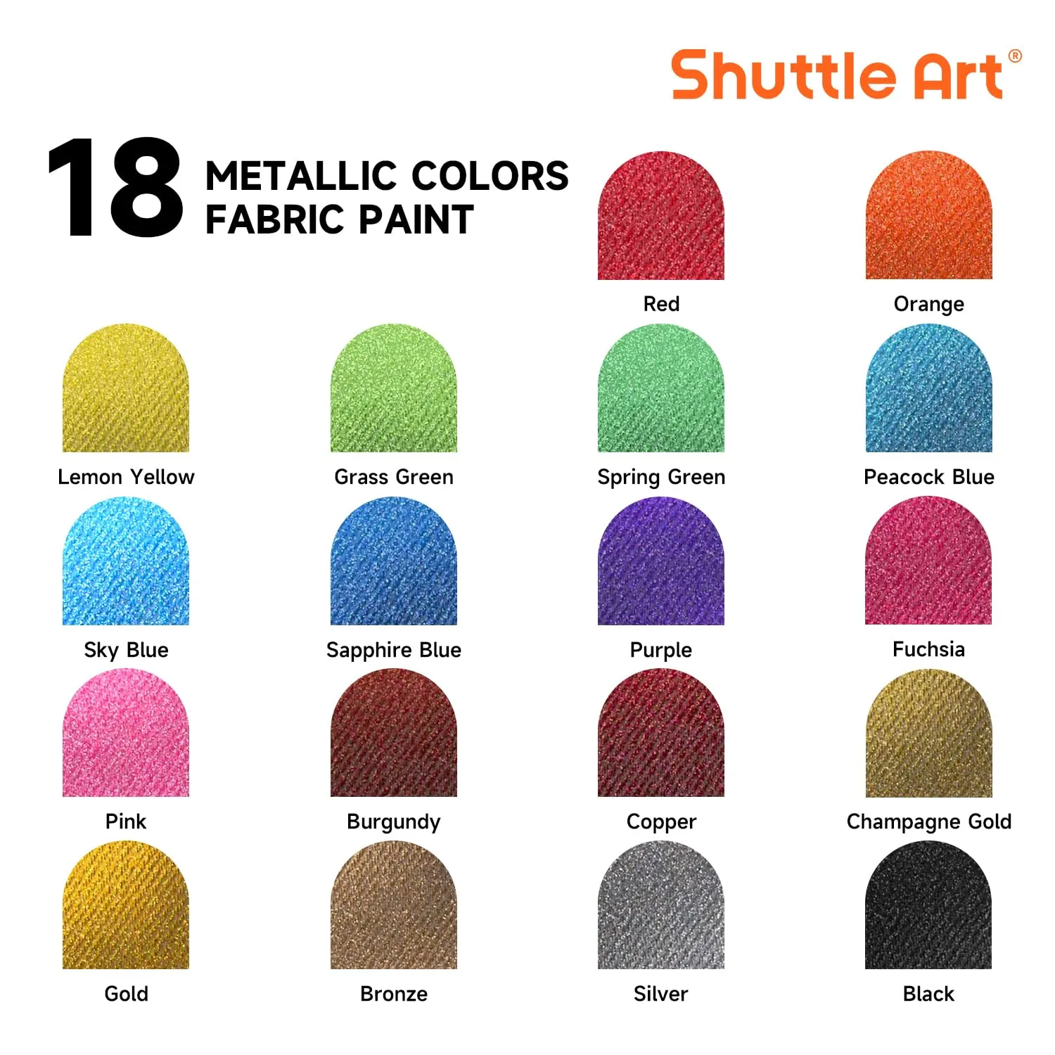Metallic Fabric Paint, Shuttle Art 18 Metallic Colors Permanent Soft Fabric Paint in Bottles (60ml/2oz) with Brush and Stencils, Non-Toxic Textile Paint for T-shirts, Shoes, Jeans, Bags & DIY Projects