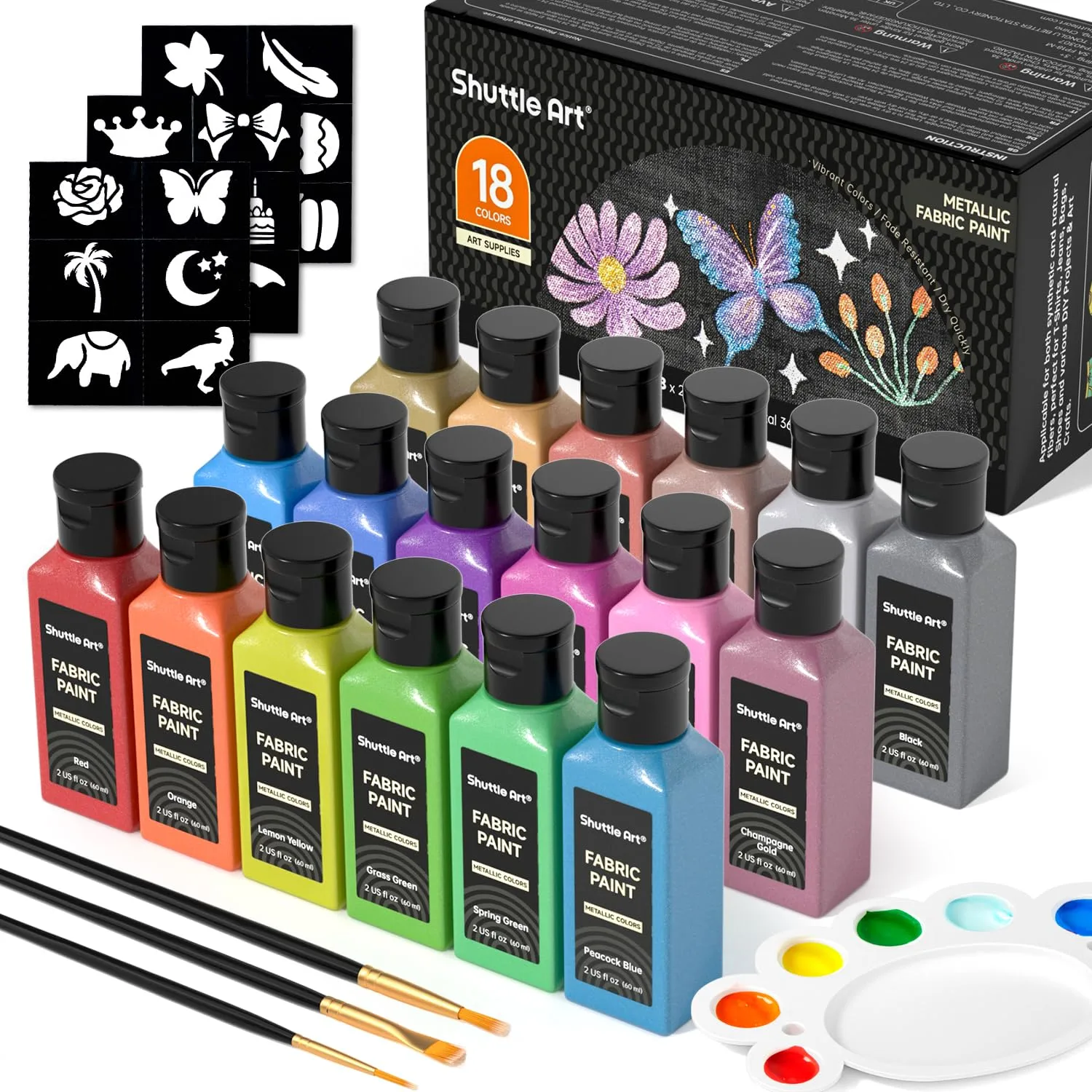 Metallic Fabric Paint, Shuttle Art 18 Metallic Colors Permanent Soft Fabric Paint in Bottles (60ml/2oz) with Brush and Stencils, Non-Toxic Textile Paint for T-shirts, Shoes, Jeans, Bags & DIY Projects