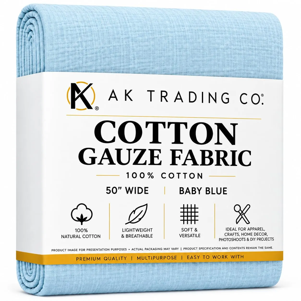 AK TRADING CO. 50" Wide - 100% Cotton Island Breeze Gauze Fabric - Perfect for Apparel, Swaddles, Crafts, Home, Photoshoots, & DIY Projects. (Baby Blue, 1 Yard)