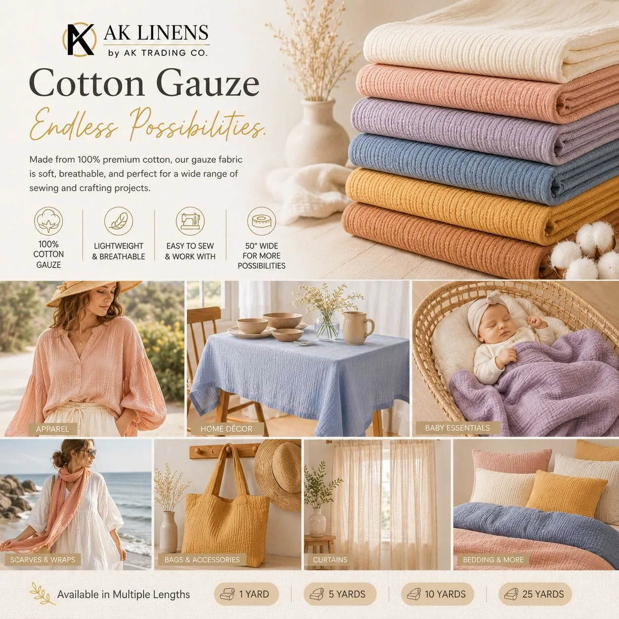 AK TRADING CO. 50" Wide - 100% Cotton Island Breeze Gauze Fabric - Perfect for Apparel, Swaddles, Crafts, Home, Photoshoots, & DIY Projects. (Baby Blue, 1 Yard)