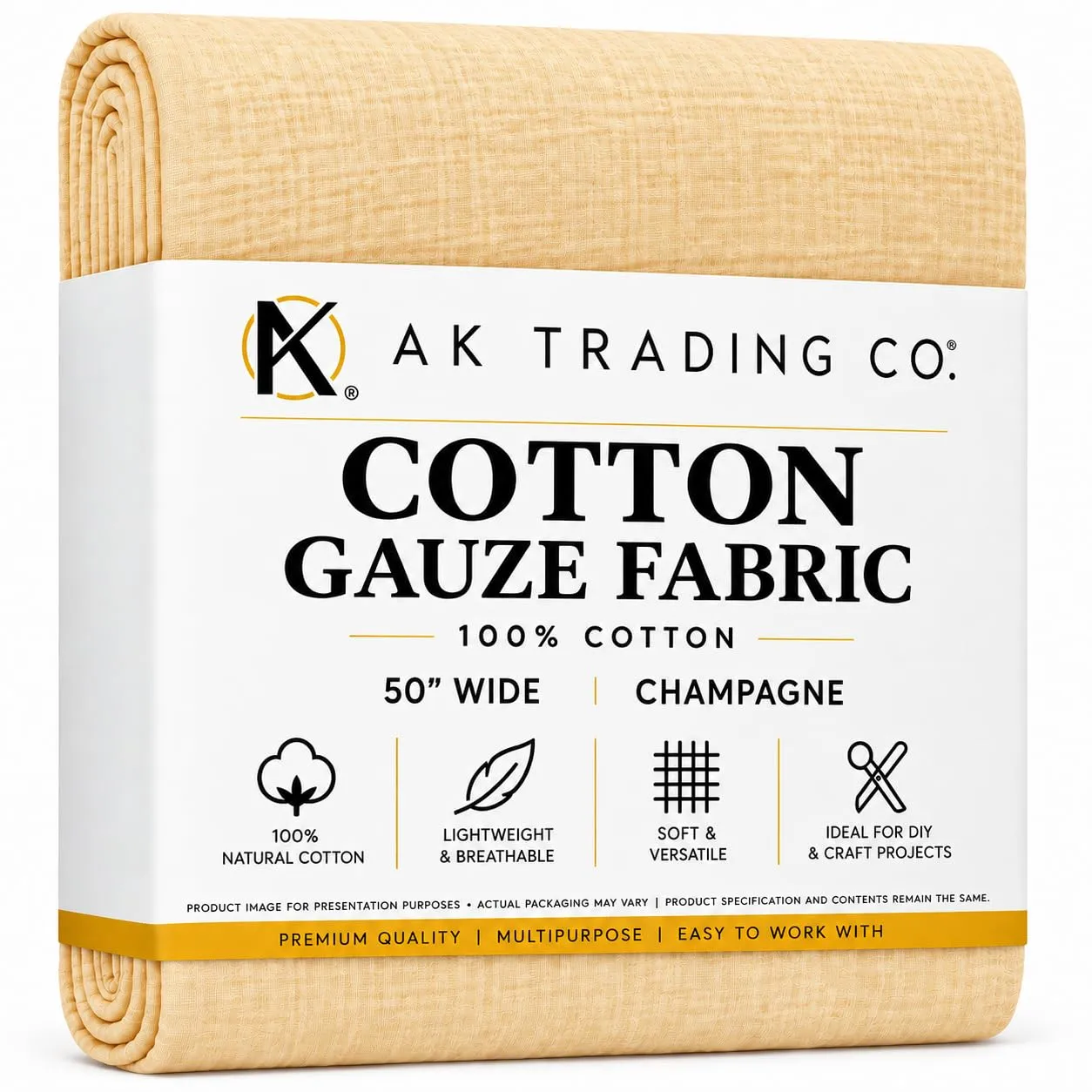 AK TRADING CO. 50" Wide - 100% Cotton Island Breeze Gauze Fabric - Perfect for Apparel, Swaddles, Crafts, Home, Photoshoots, & DIY Projects. (Champagne, 1 Yard)