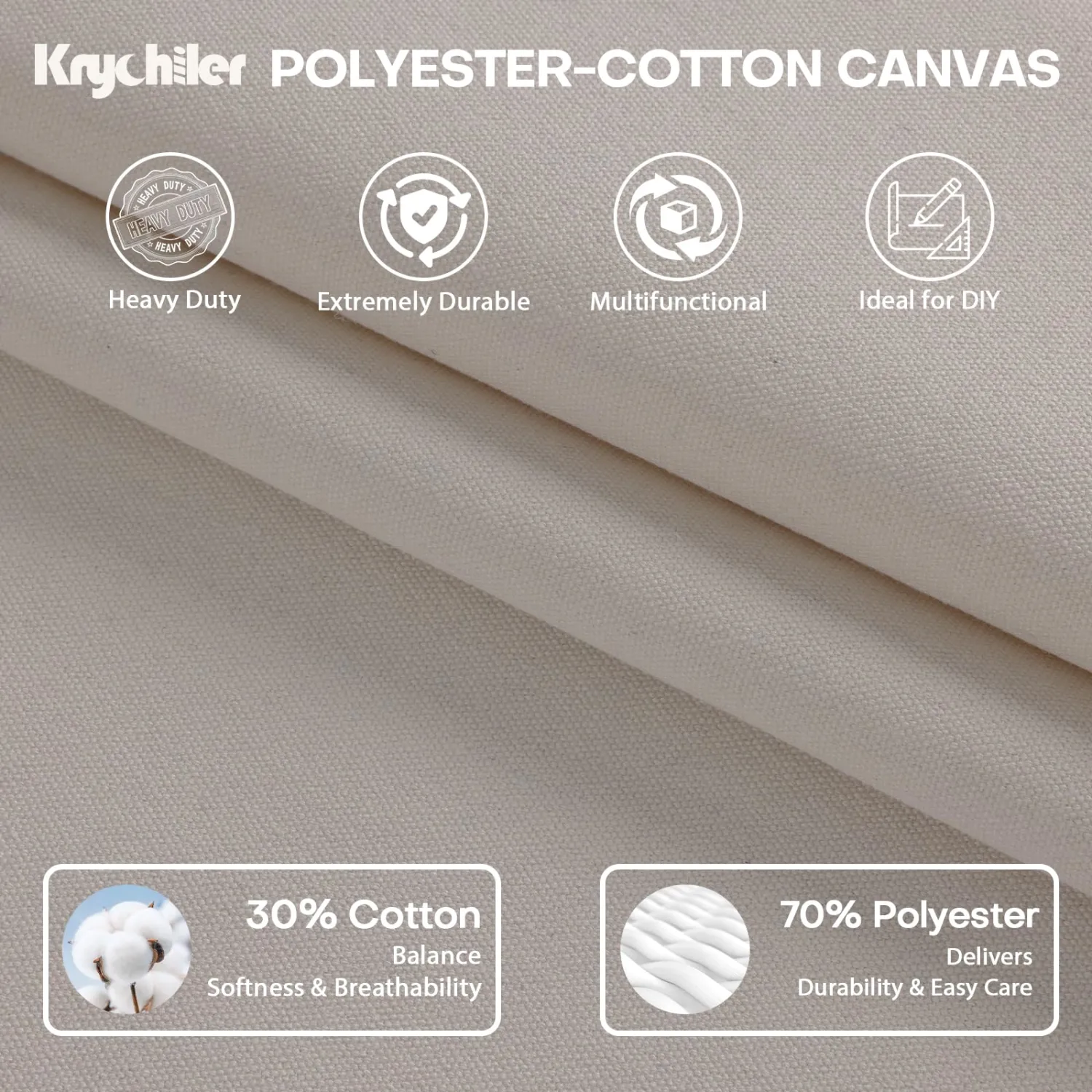 Krychiler Poly Cotton Canvas Fabric by The Yard, 12OZ Heavyweight Durable Canvas Drop Cloth, Polyester Cotton Material for Upholstery Sewing Curtains Covers DIY Crafts - Linen White, Precut 1-Yard