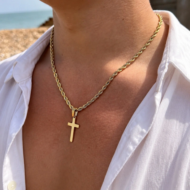 Cross-Border European And American Style Versatile Simple Waterproof Non-Fading Stainless Steel Men's Cross Pendant Necklace With A High-End Feel