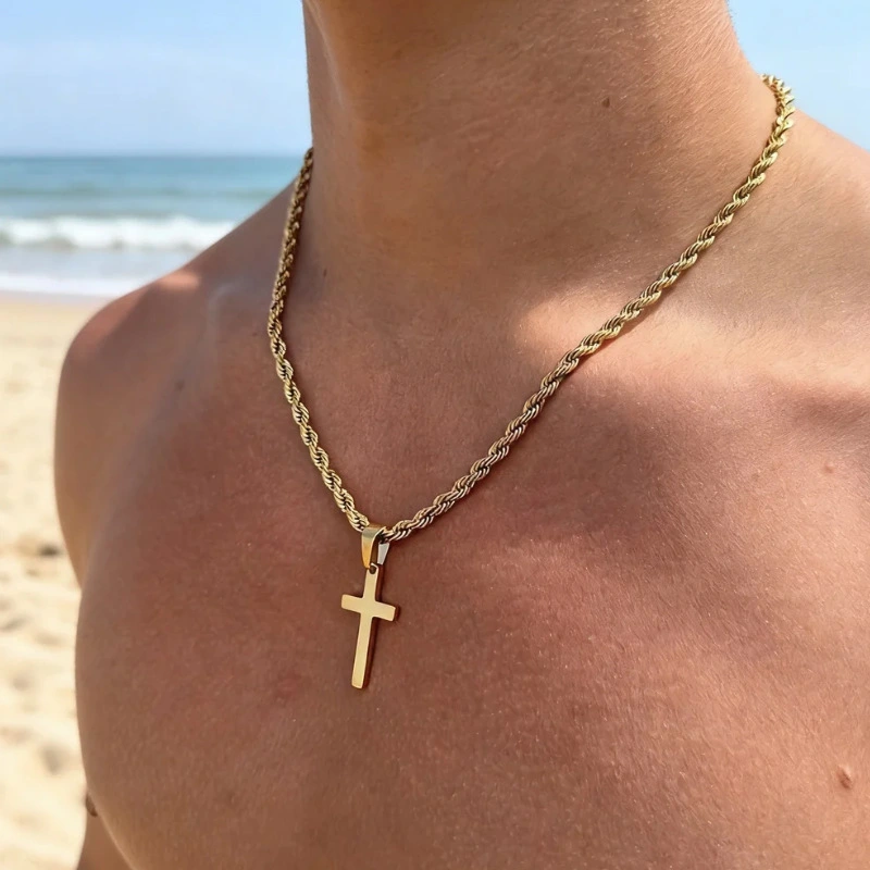 Cross-Border European And American Style Versatile Simple Waterproof Non-Fading Stainless Steel Men's Cross Pendant Necklace With A High-End Feel