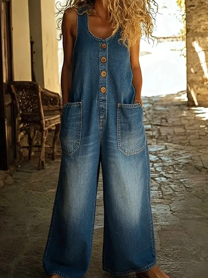 Retro Distressed Loose Womens Casual Denim Jumpsuit