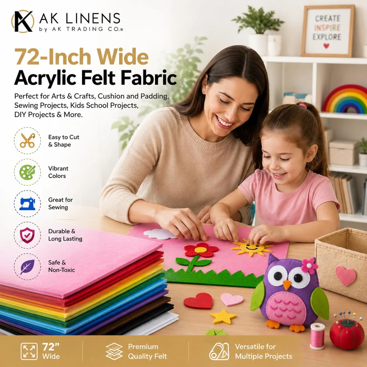 AK TRADING CO. 72-Inch Wide 1/16” Thick Acrylic Felt Fabric for Arts & Crafts, Cushion and Padding, Sewing Projects, Kids School Projects, DIY Projects & More. - Dark Lavender, 1 Yard