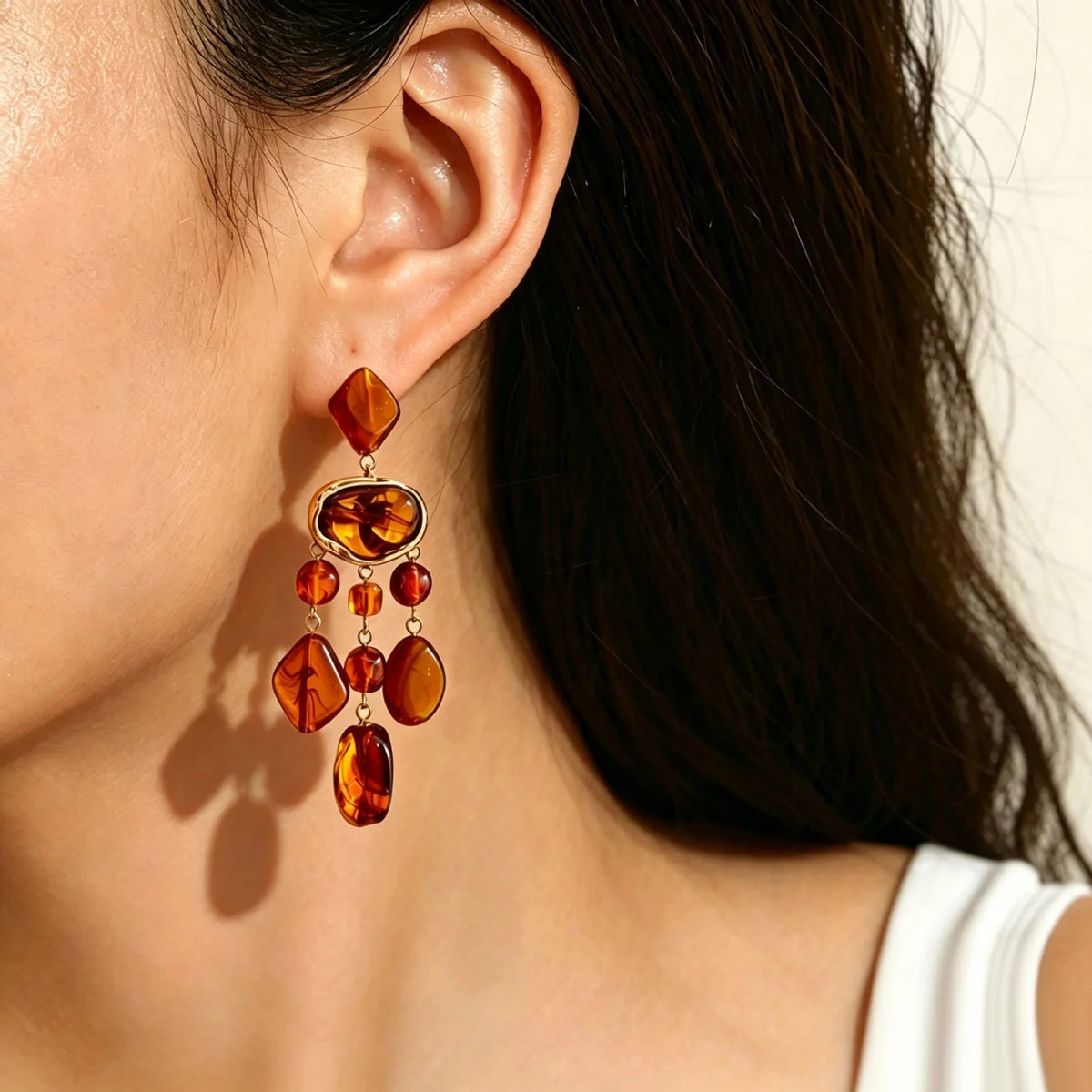 Womens Retro Court-Style Gem Pendant Tassel Earrings