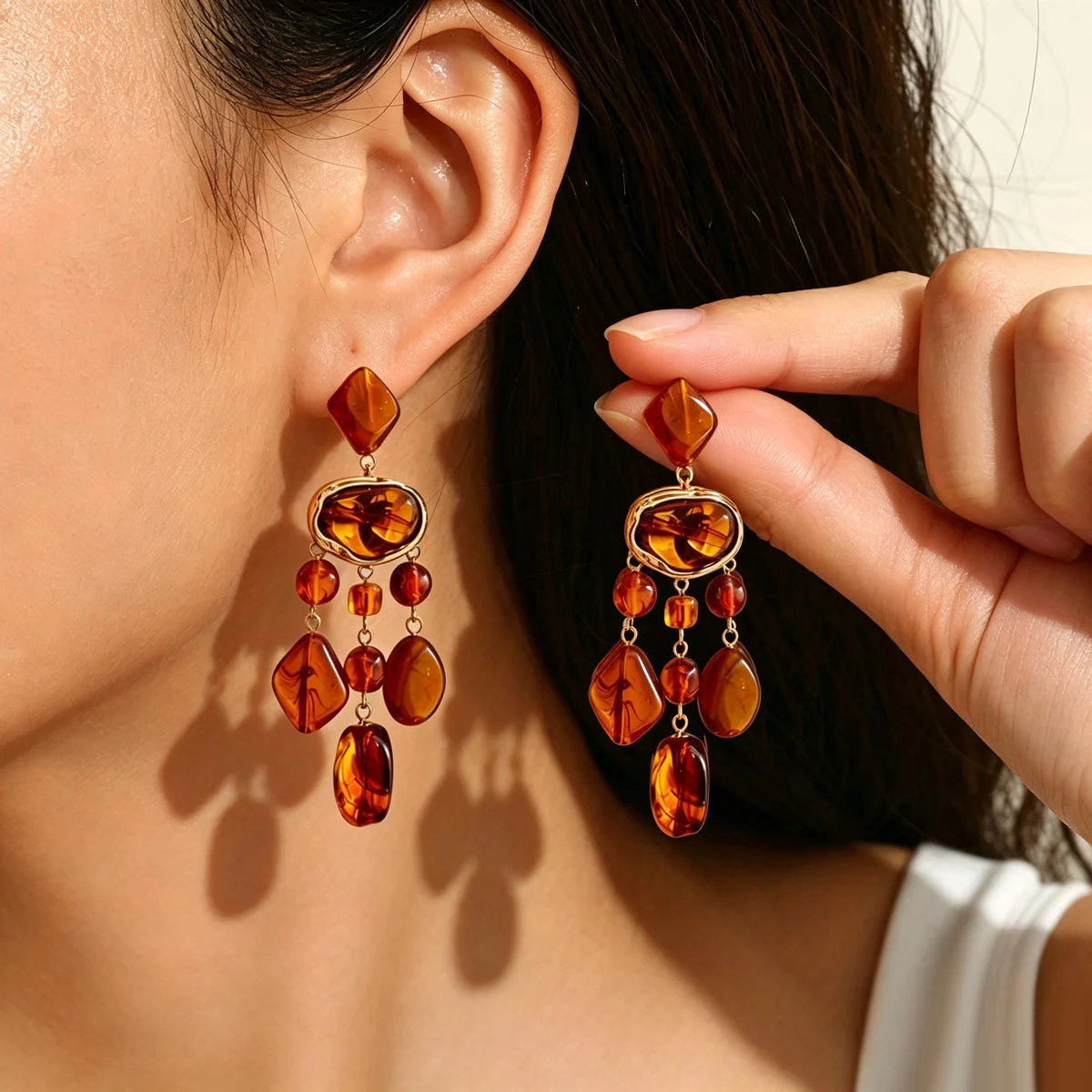 Womens Retro Court-Style Gem Pendant Tassel Earrings