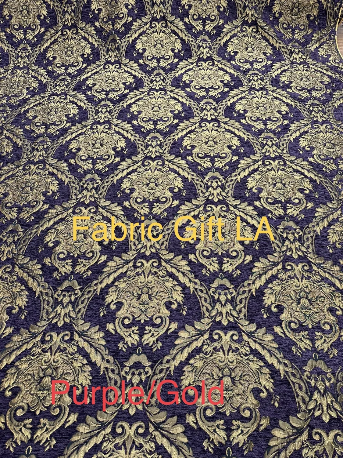 Damask Tapestry Chenille Fabric - Upholstery Fabric, 60" Width - Sold by The Yard (Purple/Gold)