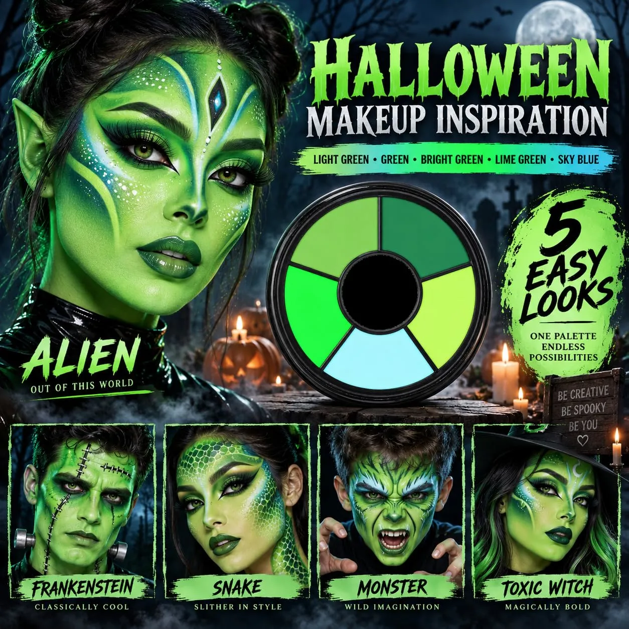 Green Face Body Paint Palette Halloween Makeup Face Painting Kit