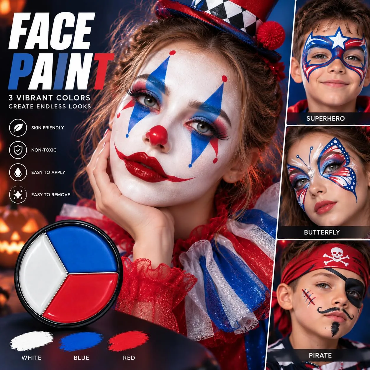 Black White Blue Face Body Paint Palette Halloween Makeup Face Painting Kit