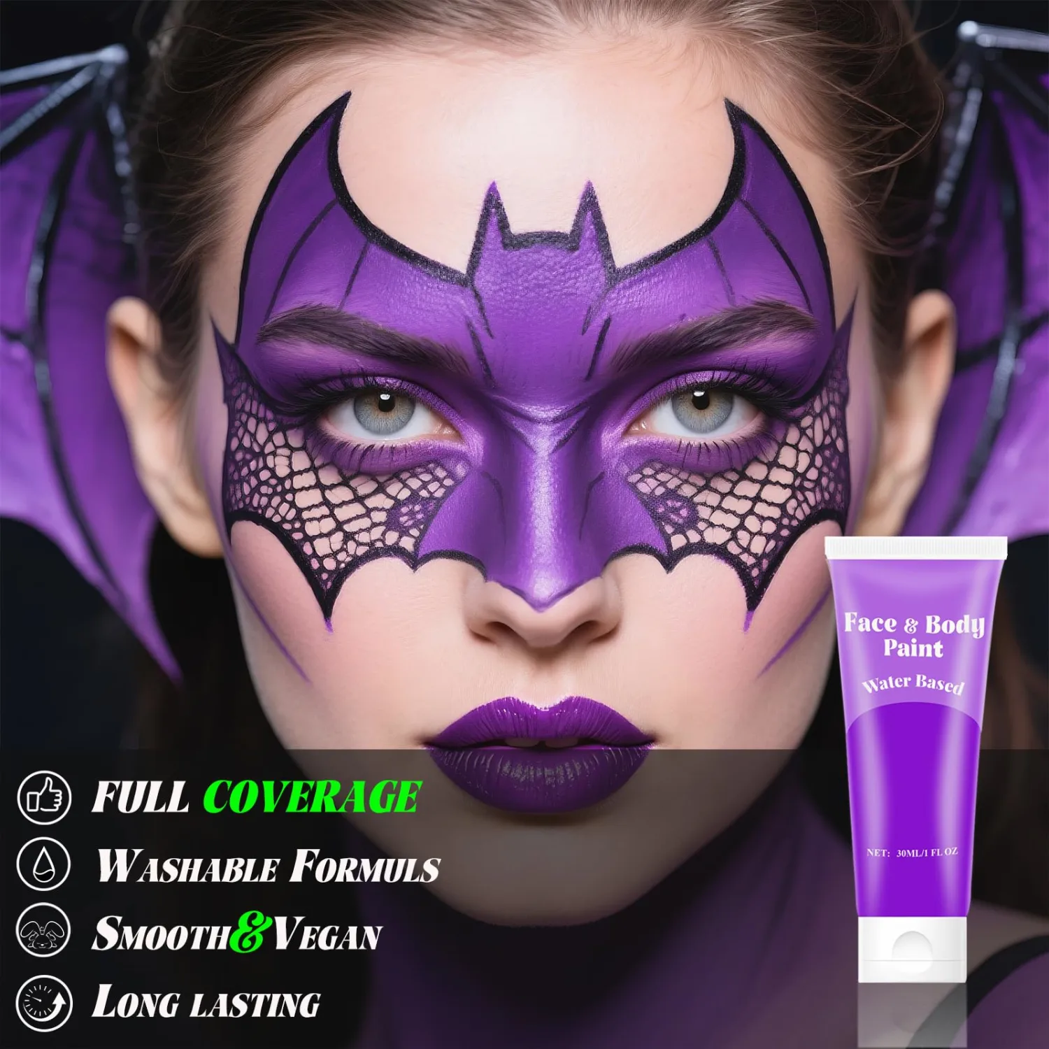 Purple Face Body Paint Water Based, Full Coverage Cream Paint Halloween SFX