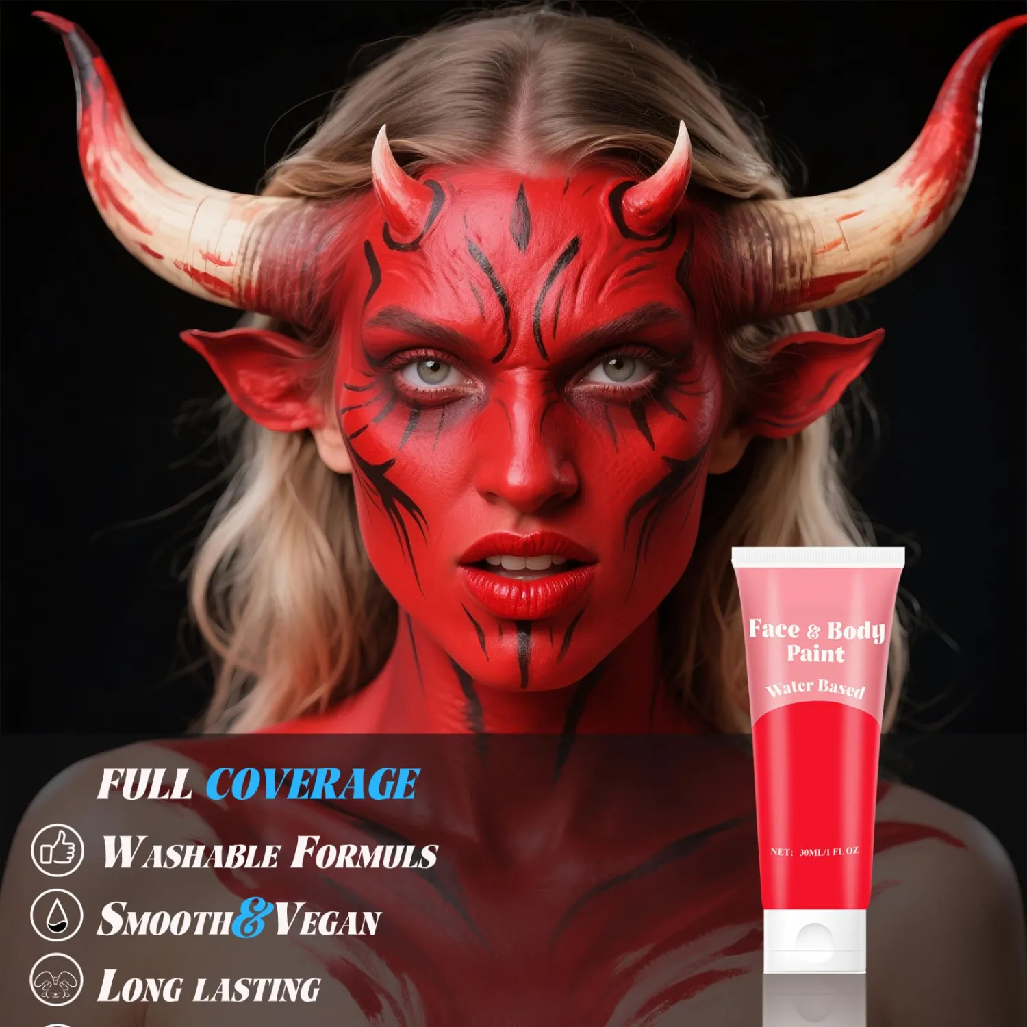 Red Water Based Face Paint for Halloween SFX, Washable Body Paint 30ml