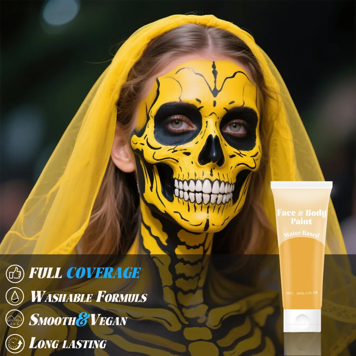 Yellow Face Paint Water Based for Halloween SFX Cosplay, Washable 30ml