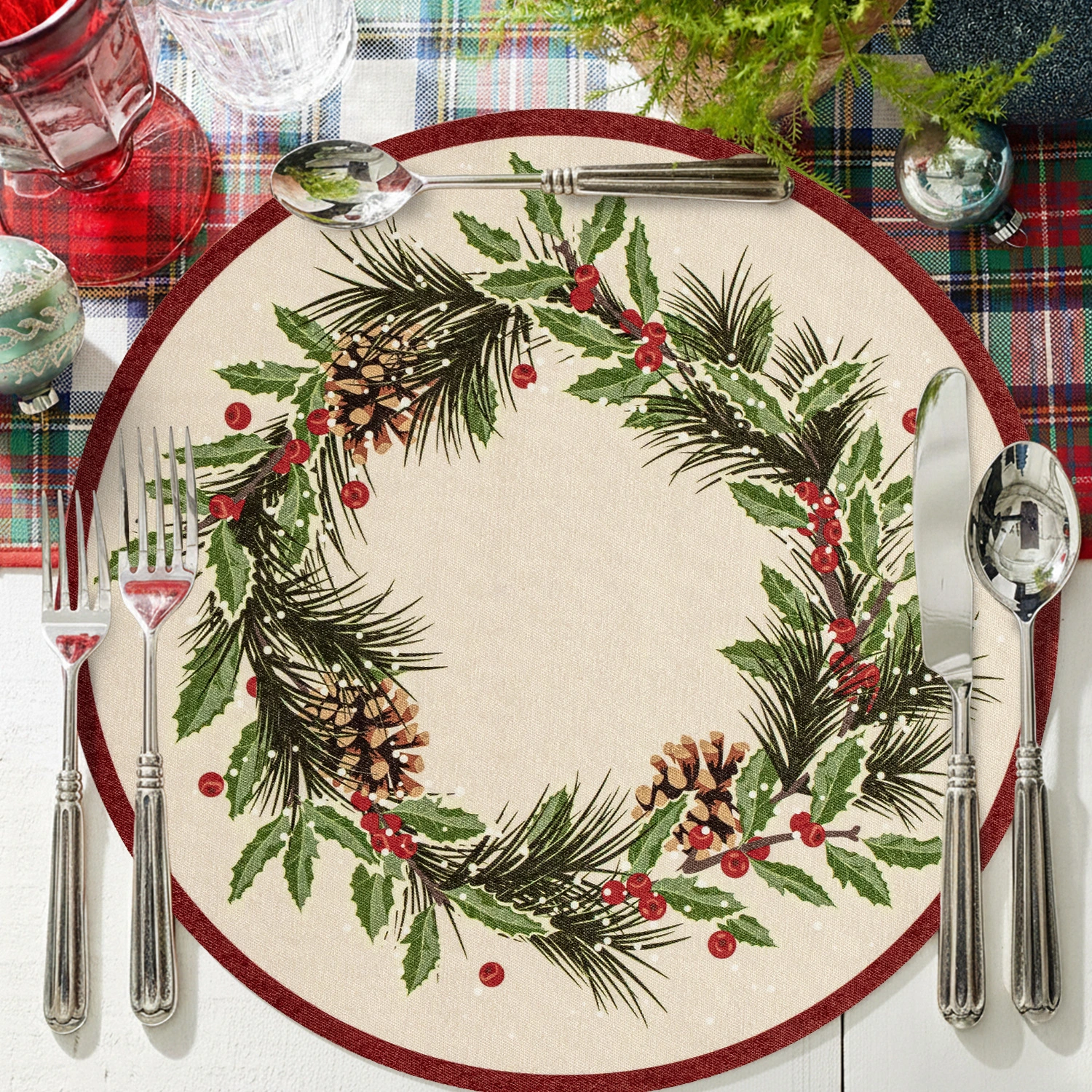 Christmas Botanical Round Placemat Cotton Linen Wreath Dining Table Holiday Party Home Decor Festive Mat