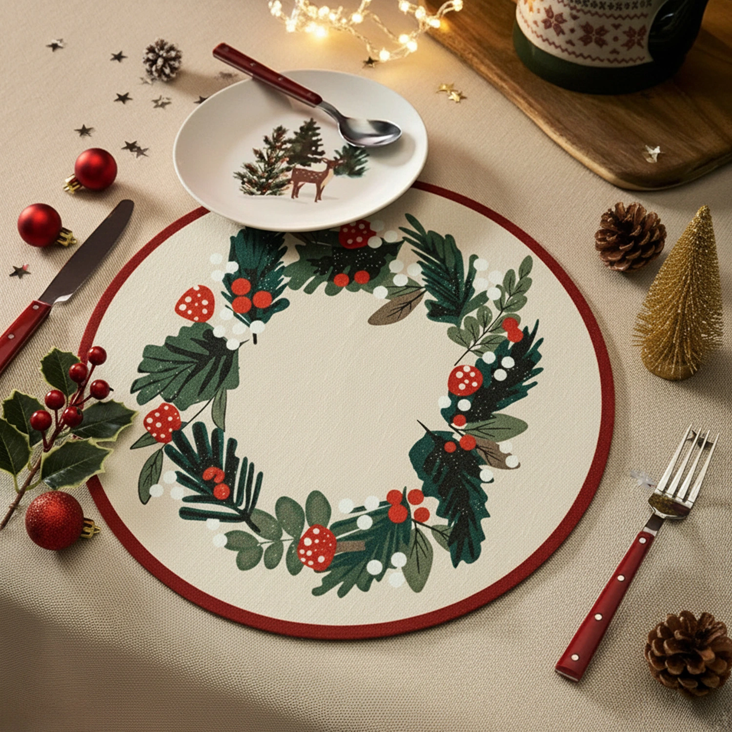 Christmas Botanical Round Placemat Cotton Linen Wreath Dining Table Holiday Party Home Decor Festive Mat