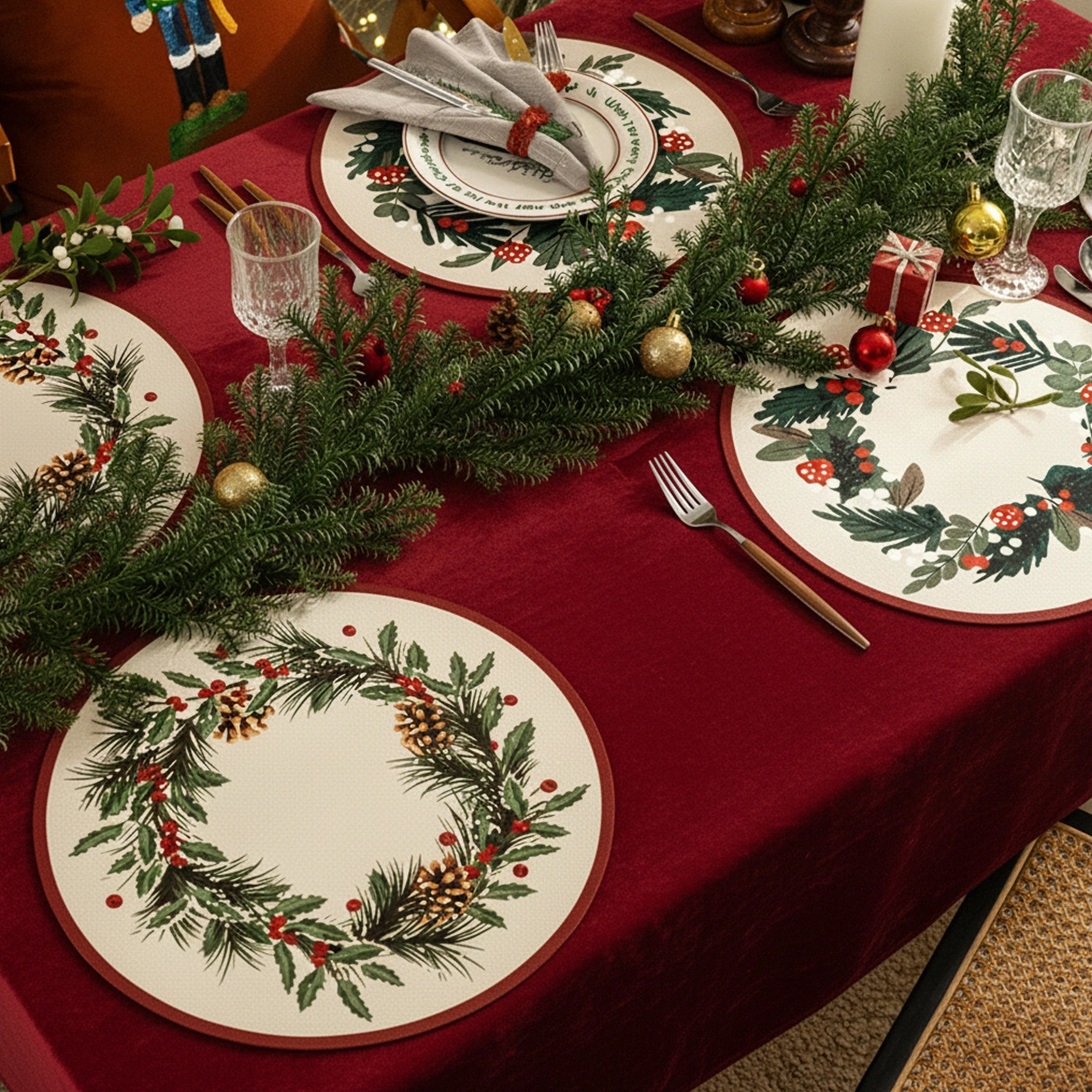 Christmas Botanical Round Placemat Cotton Linen Wreath Dining Table Holiday Party Home Decor Festive Mat