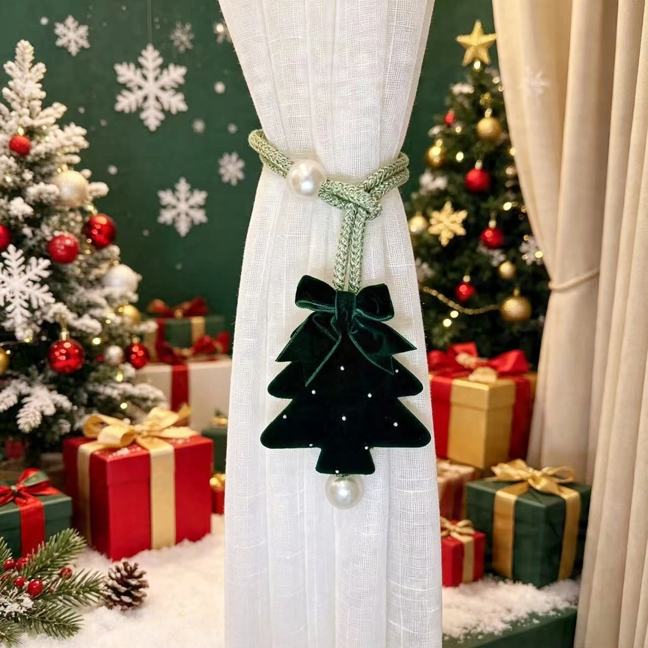 Christmas Velvet Tree Curtain Tieback Pearl Rope Plastic Home Window Holiday Decoration Festive Accessory Elegant