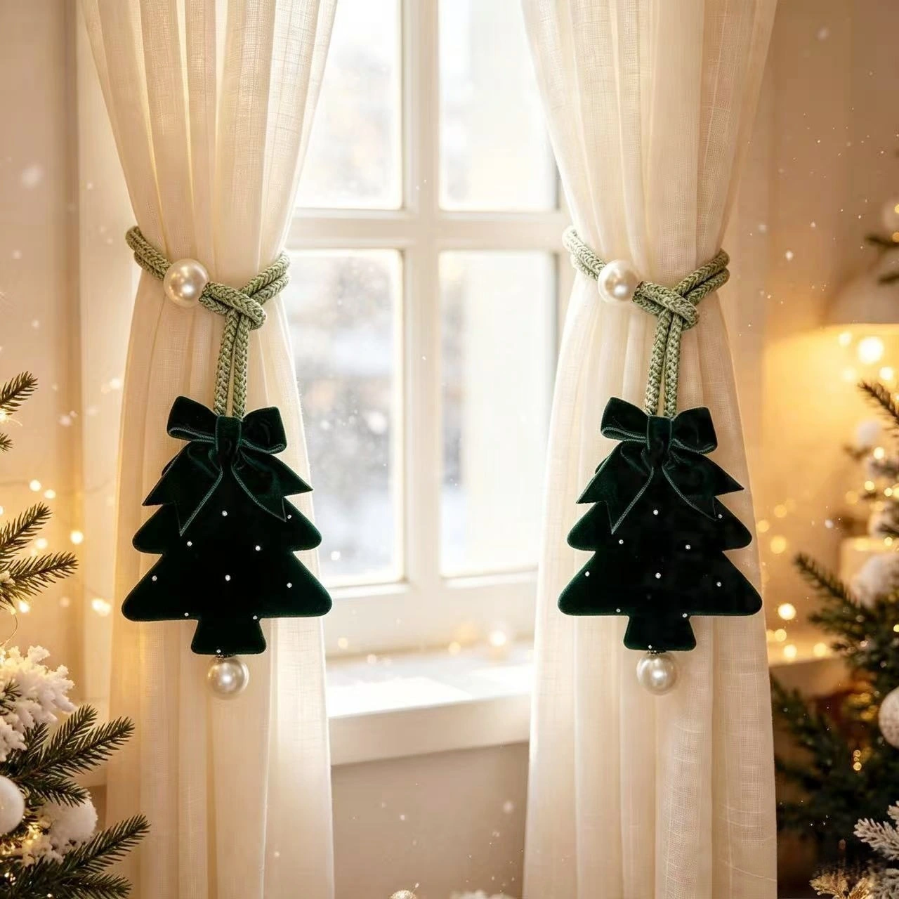 Christmas Velvet Tree Curtain Tieback Pearl Rope Plastic Home Window Holiday Decoration Festive Accessory Elegant