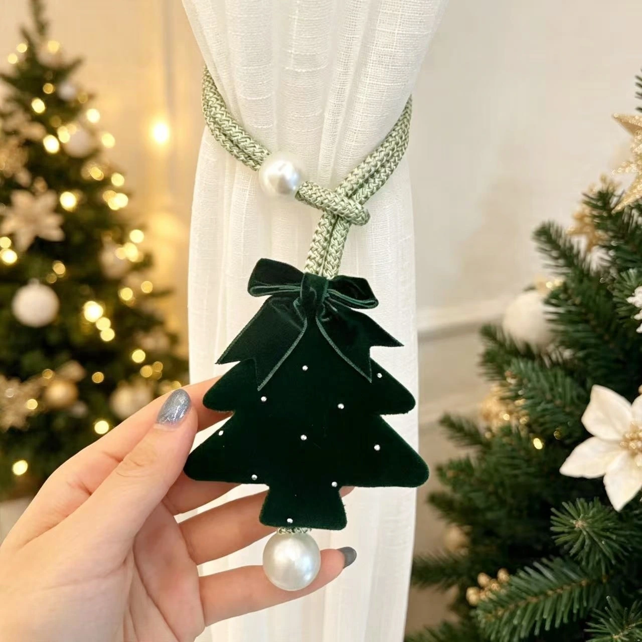 Christmas Velvet Tree Curtain Tieback Pearl Rope Plastic Home Window Holiday Decoration Festive Accessory Elegant
