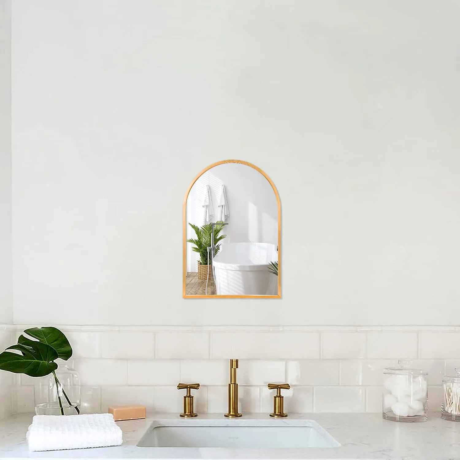 Wall Mirror Arched Bathroom Mirrors, Aluminum Alloy Frame Hanging Vanity Mirror for Living Room Bedroom Entryway Vanity, Brushed Metal Framed Wall Mounted Mirror Gold 16"x12"