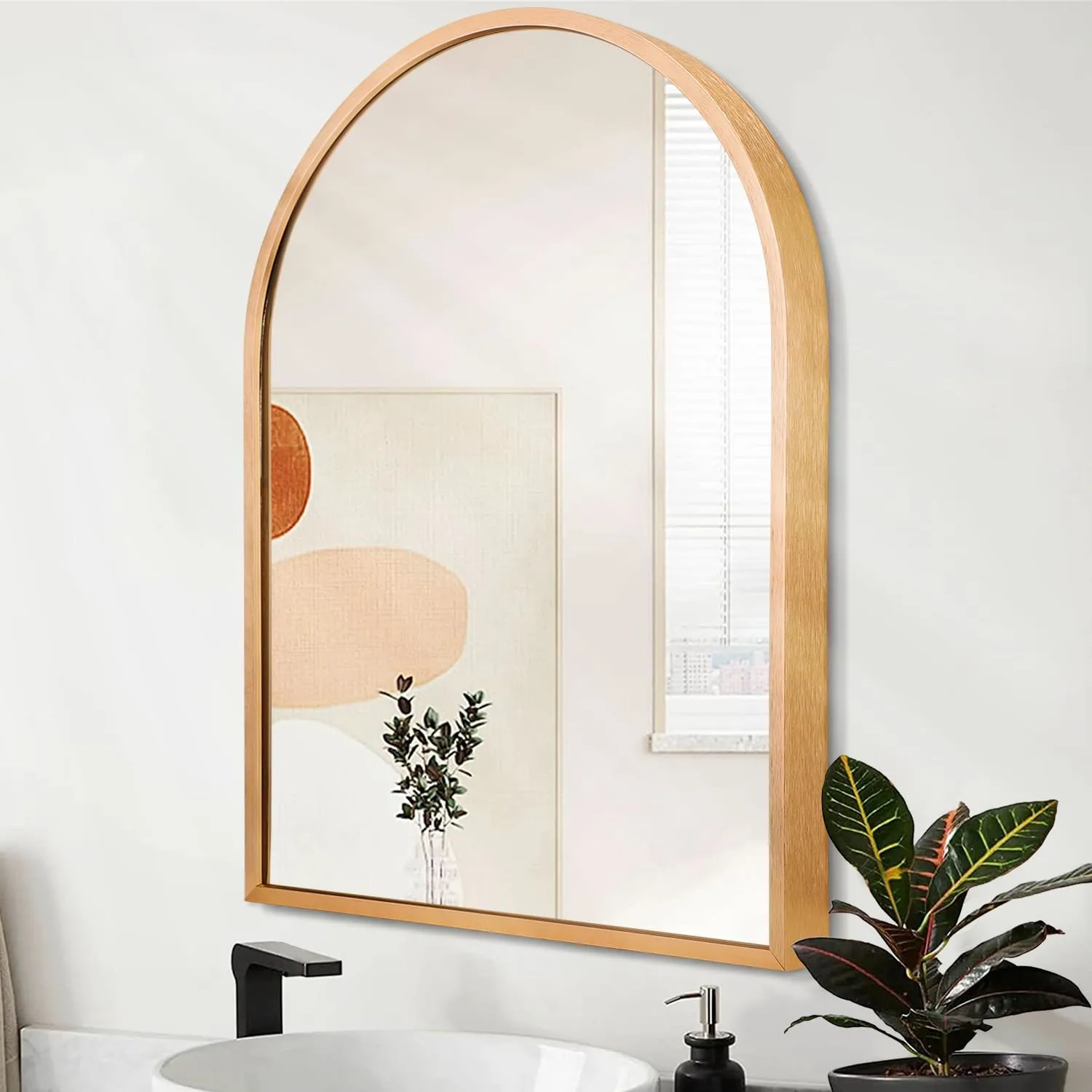 Wall Mirror Arched Bathroom Mirrors, Aluminum Alloy Frame Hanging Vanity Mirror for Living Room Bedroom Entryway Vanity, Brushed Metal Framed Wall Mounted Mirror Gold 16"x12"