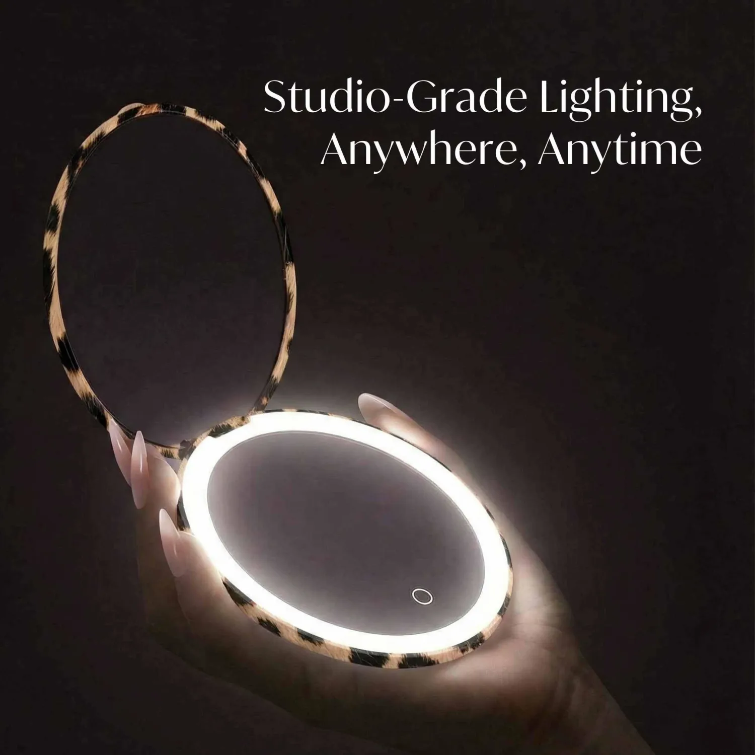 Fancii Mini Taylor Compact Magnifying Mirror with LED Light, 10x/1x, Rechargeable, 3 Light Settings, Dimmable-Small Lighted Travel Handheld Mirror for Pocket, Handbag, Purse, 2-Sided (Cheetah Chic)